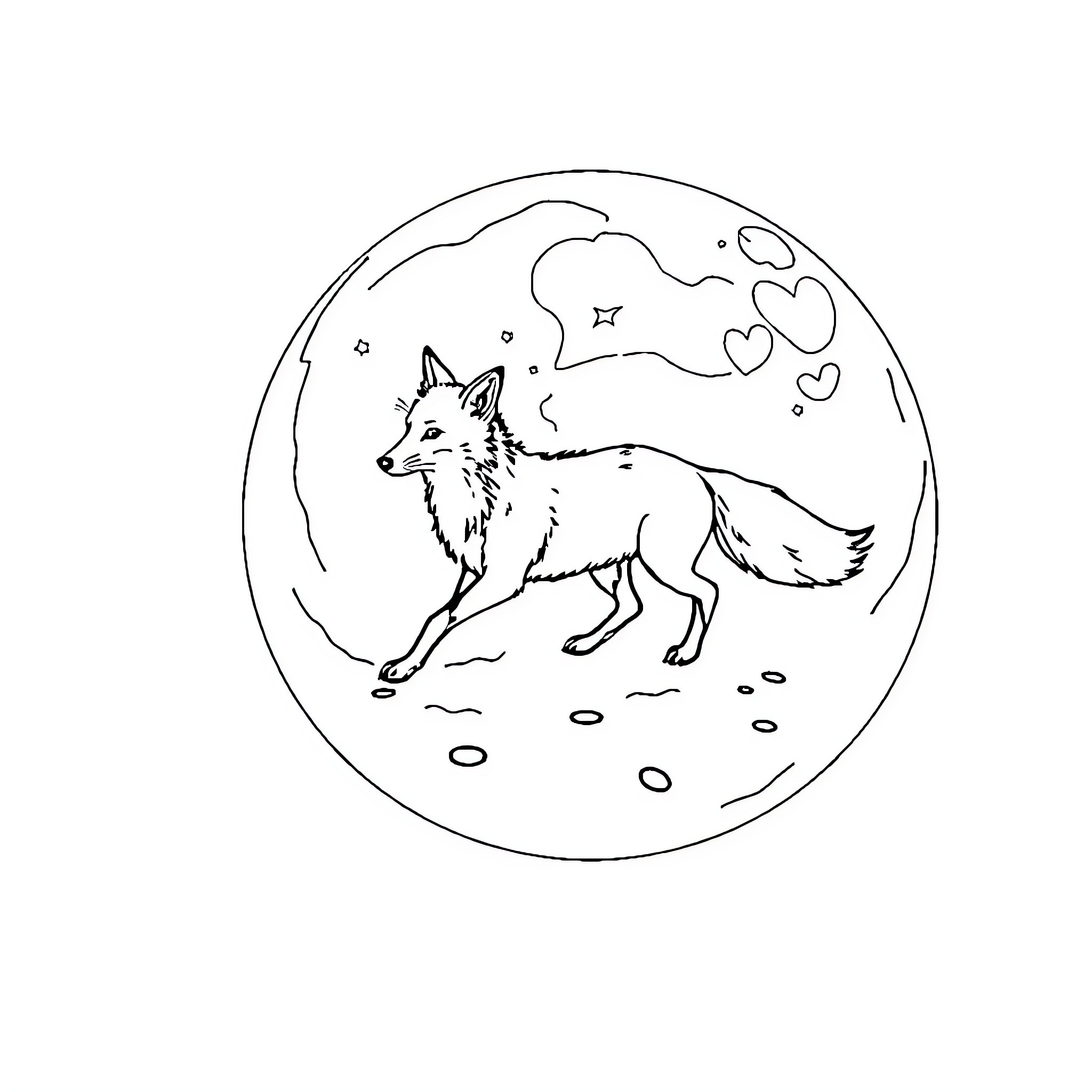 Fox gazing at the starry night sky Coloring Page (free black-and-white line drawing printable PDF for all, from beginners to advanced learners, including children, teens, adults, and seniors)