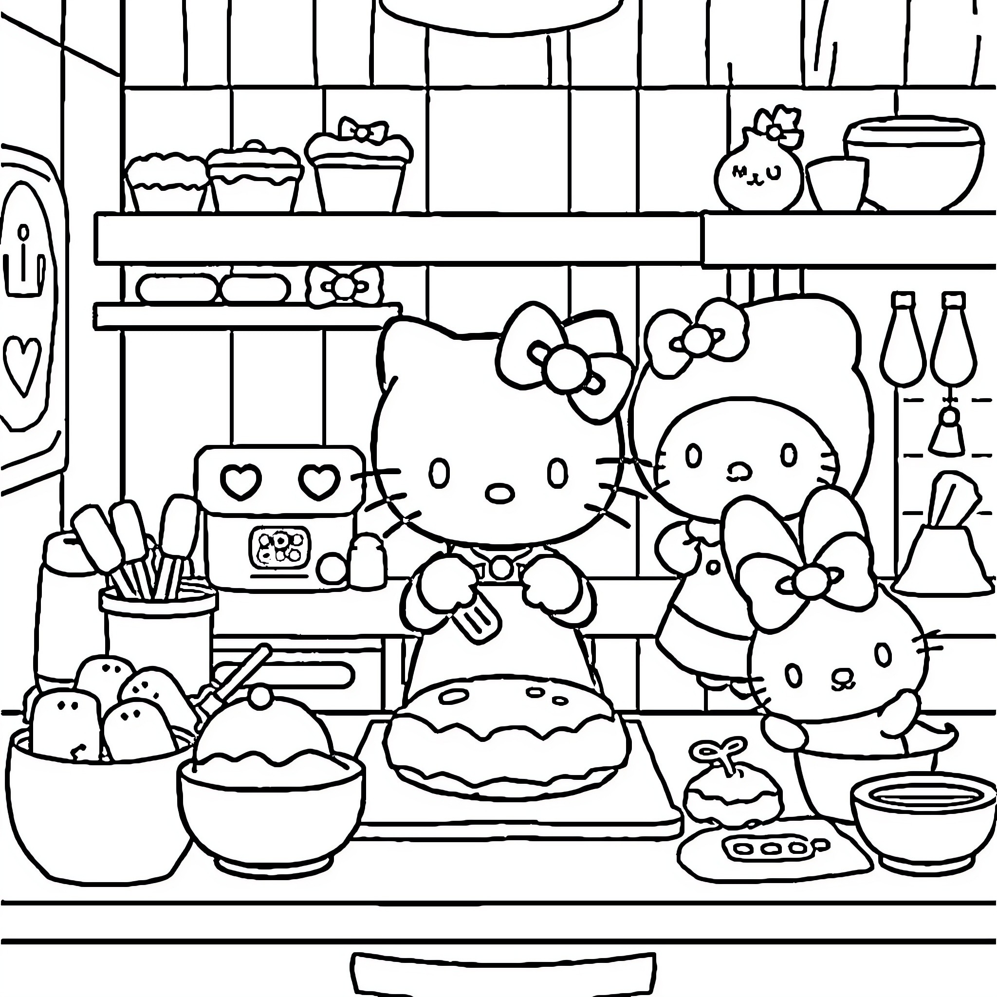 Hello Kitty Baking in the Kitchen Coloring Page (free black-and-white line drawing printable PDF for all, from beginners to advanced learners, including children, teens, adults, and seniors)