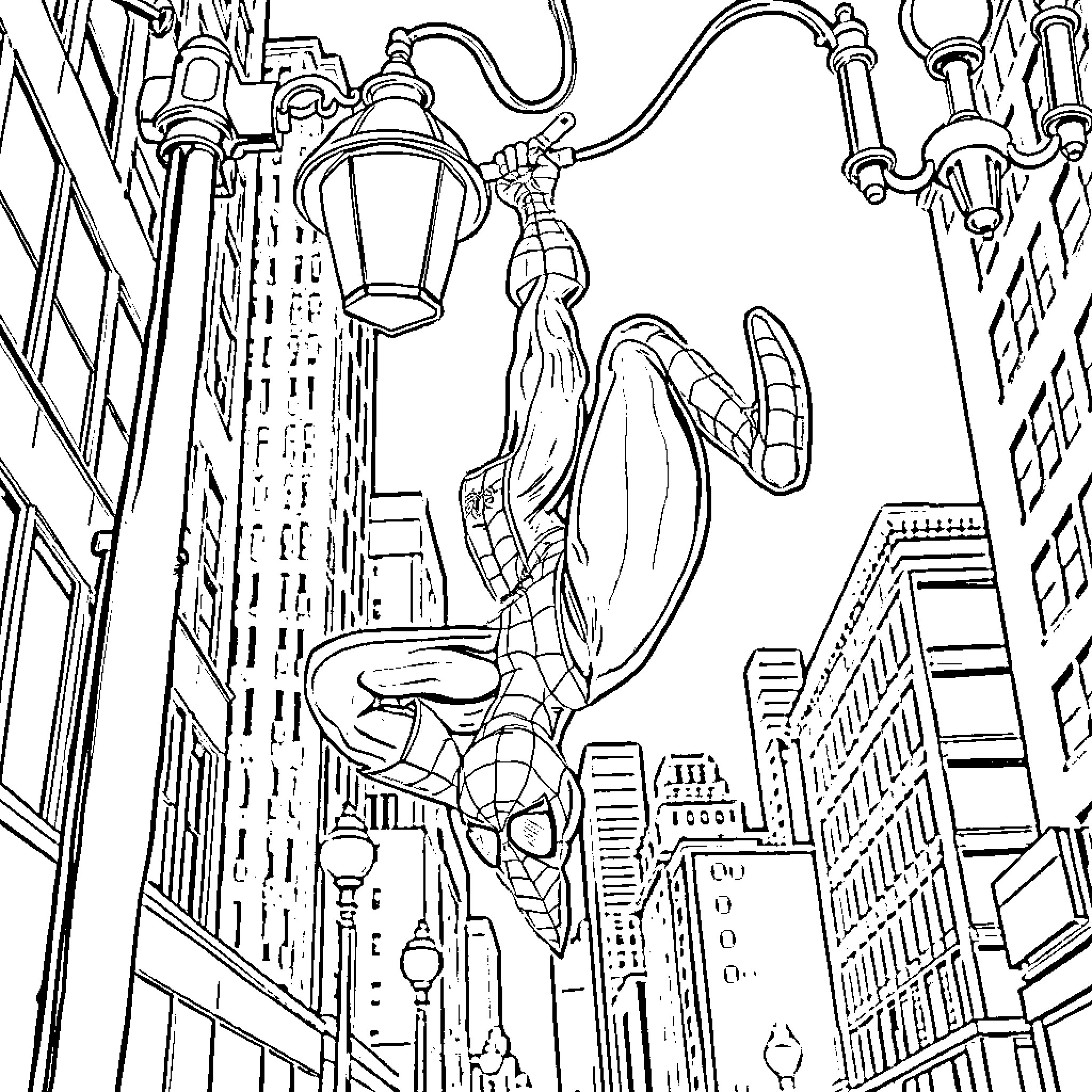 Spiderman swinging through a bustling city Coloring Page (free black-and-white line drawing printable PDF for all, from beginners to advanced learners, including children, teens, adults, and seniors)