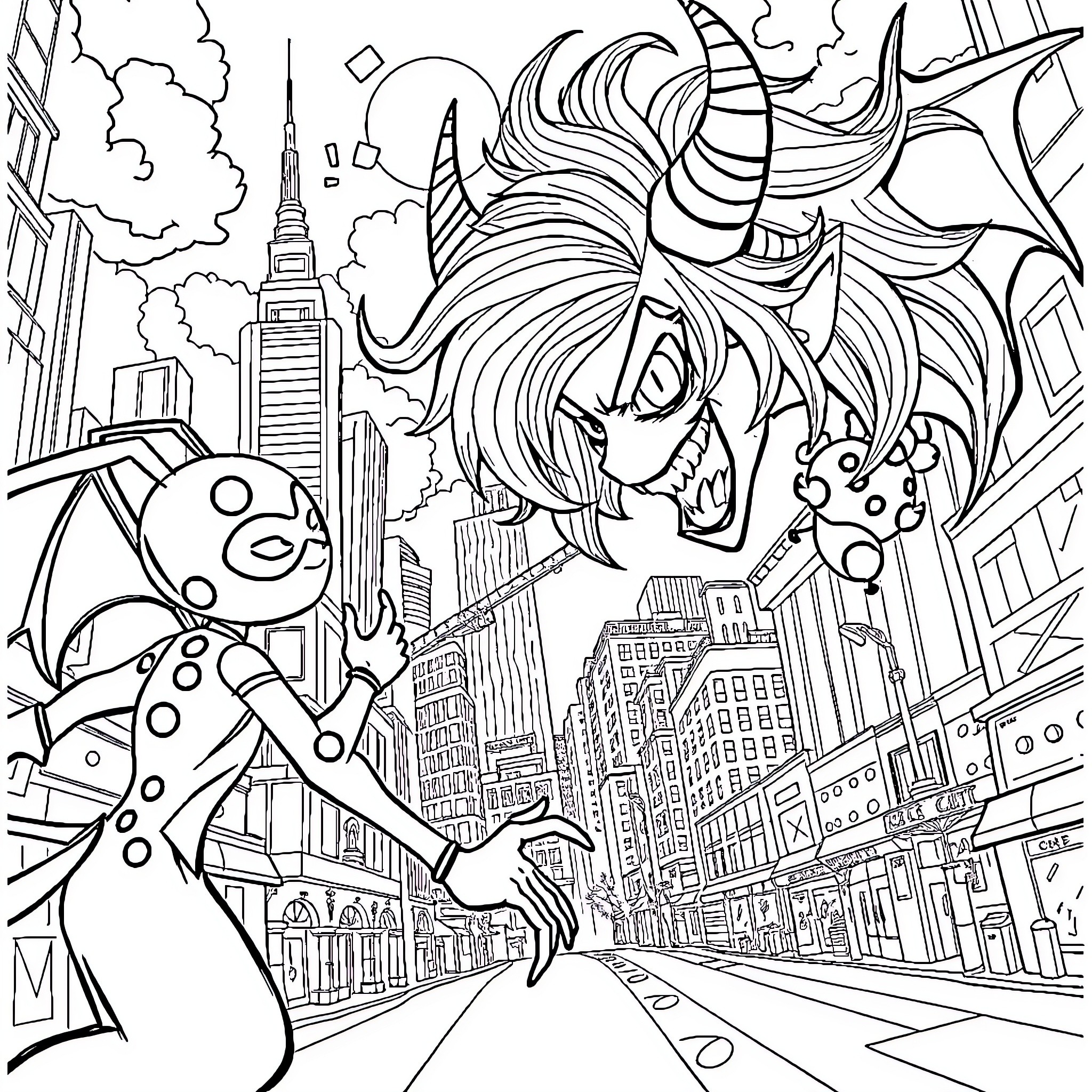 Kpop Demon Wreaking Havoc in the City Coloring Page (free black-and-white line drawing printable PDF for all, from beginners to advanced learners, including children, teens, adults, and seniors)
