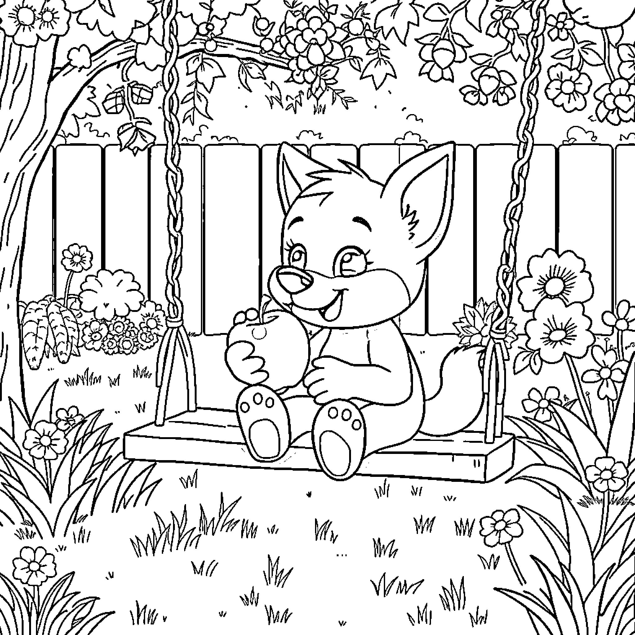 Bluey's Cozy Garden Adventure Coloring Page (free black-and-white line drawing printable PDF for all, from beginners to advanced learners, including children, teens, adults, and seniors)