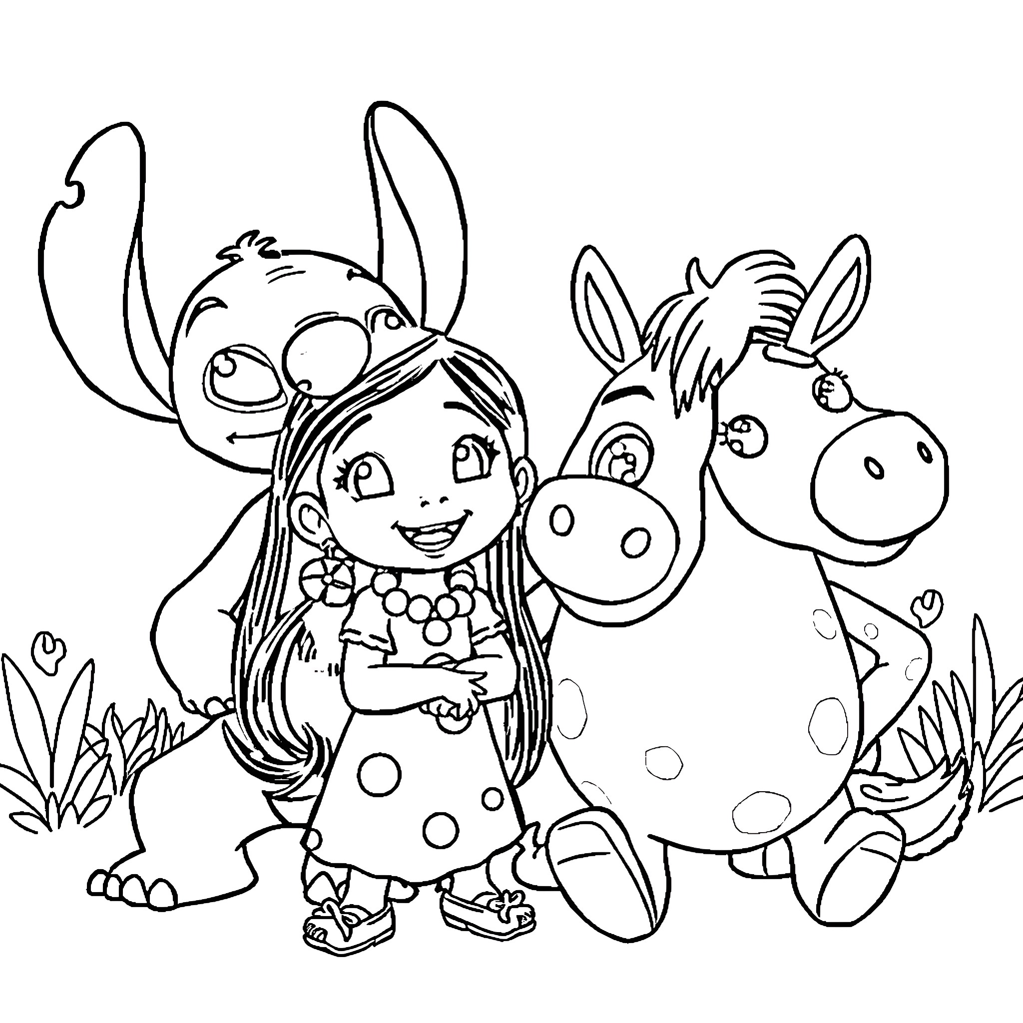 Character Interacting with Playful Animals in Nature Coloring Page (free black-and-white line drawing printable PDF for all, from beginners to advanced learners, including children, teens, adults, and seniors)
