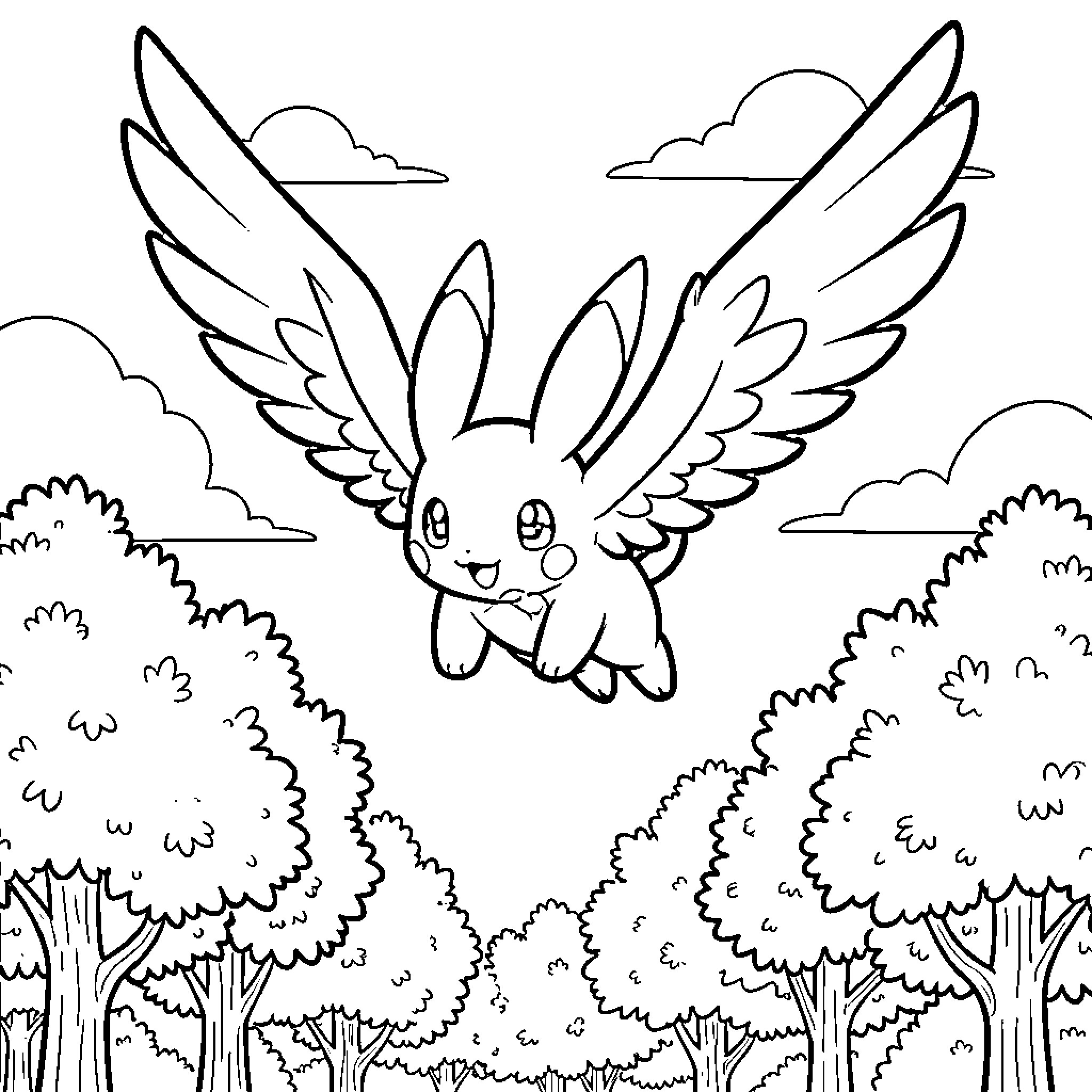 Flying Pokémon soaring joyfully over a lush forest Coloring Page (free black-and-white line drawing printable PDF for all, from beginners to advanced learners, including children, teens, adults, and seniors)
