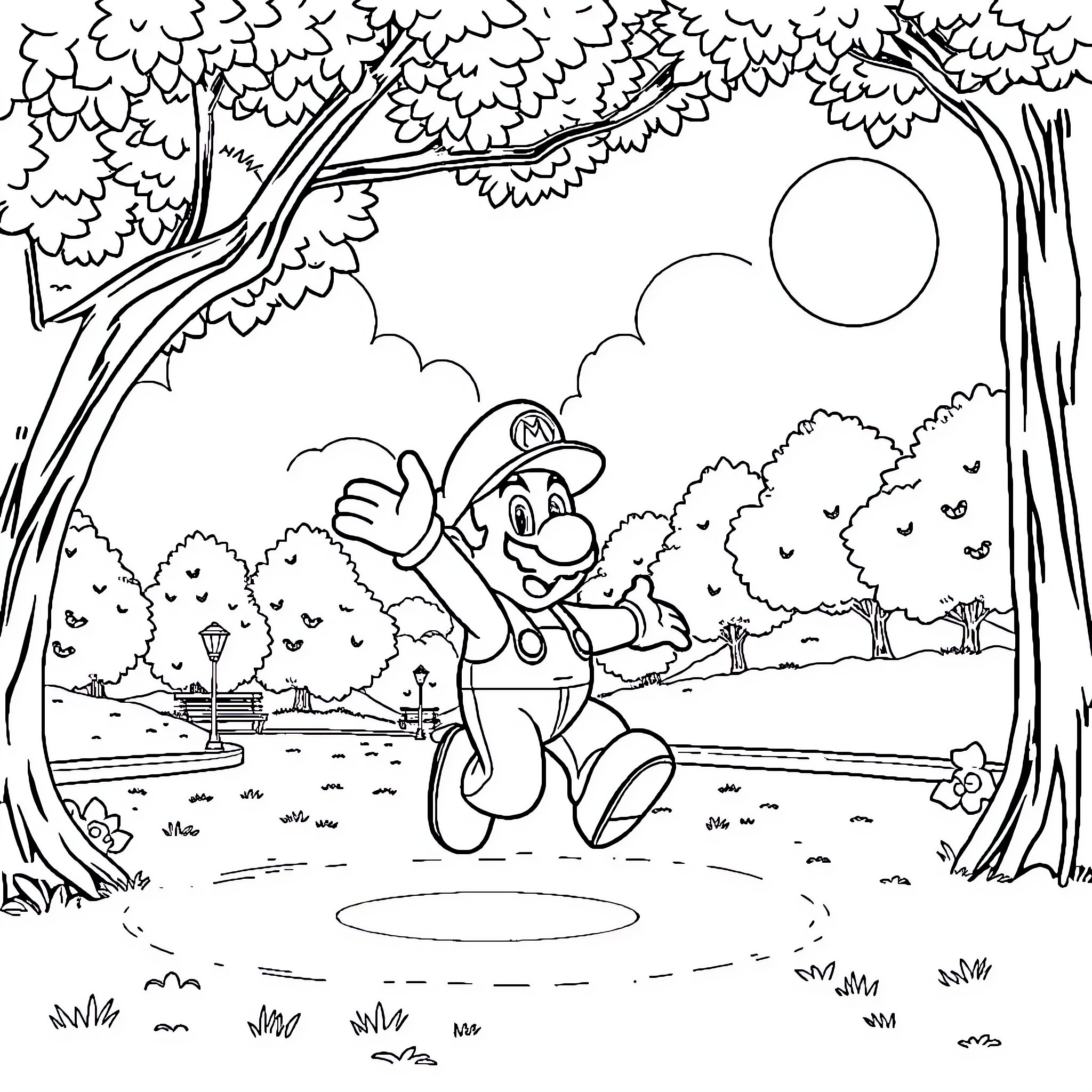 Mario enjoying a day outdoors in the natural setting Coloring Page (free black-and-white line drawing printable PDF for all, from beginners to advanced learners, including children, teens, adults, and seniors)