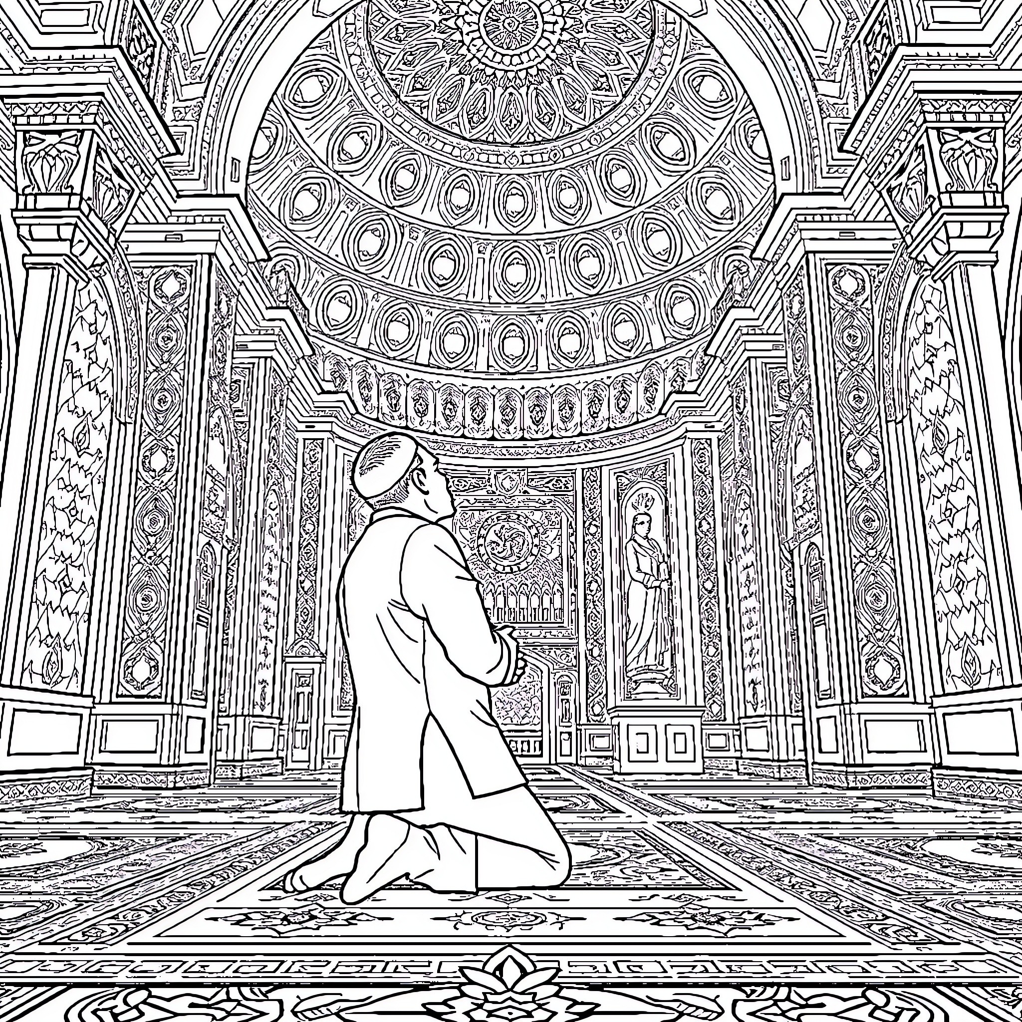 Nikol Pashinyan praying in a grand religious edifice Coloring Page (free black-and-white line drawing printable PDF for all, from beginners to advanced learners, including children, teens, adults, and seniors)