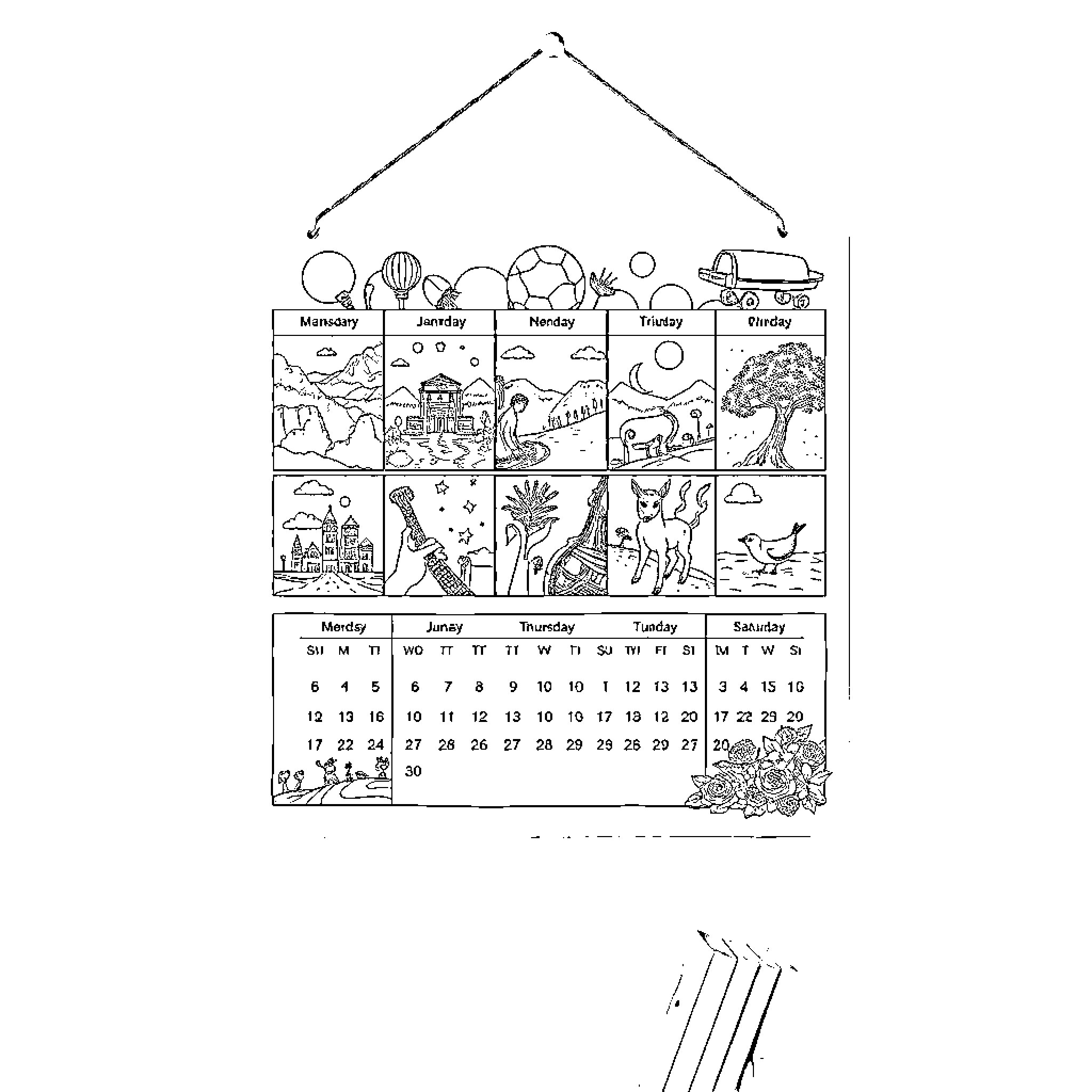 Calendar of seasonal activities and landscapes Coloring Page (free black-and-white line drawing printable PDF for all, from beginners to advanced learners, including children, teens, adults, and seniors)