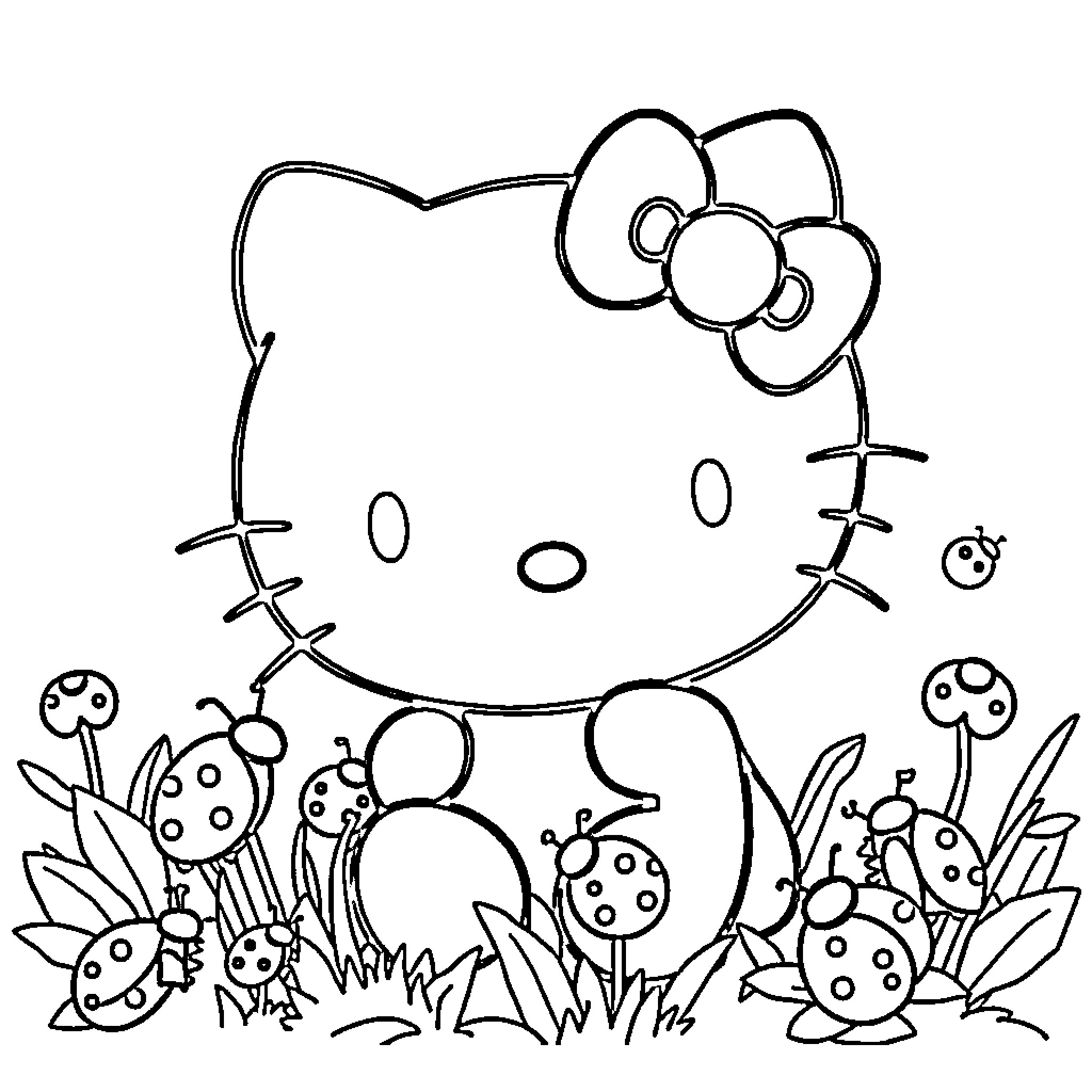 Hello Kitty playing in a whimsical nature scene Coloring Page (free black-and-white line drawing printable PDF for all, from beginners to advanced learners, including children, teens, adults, and seniors)