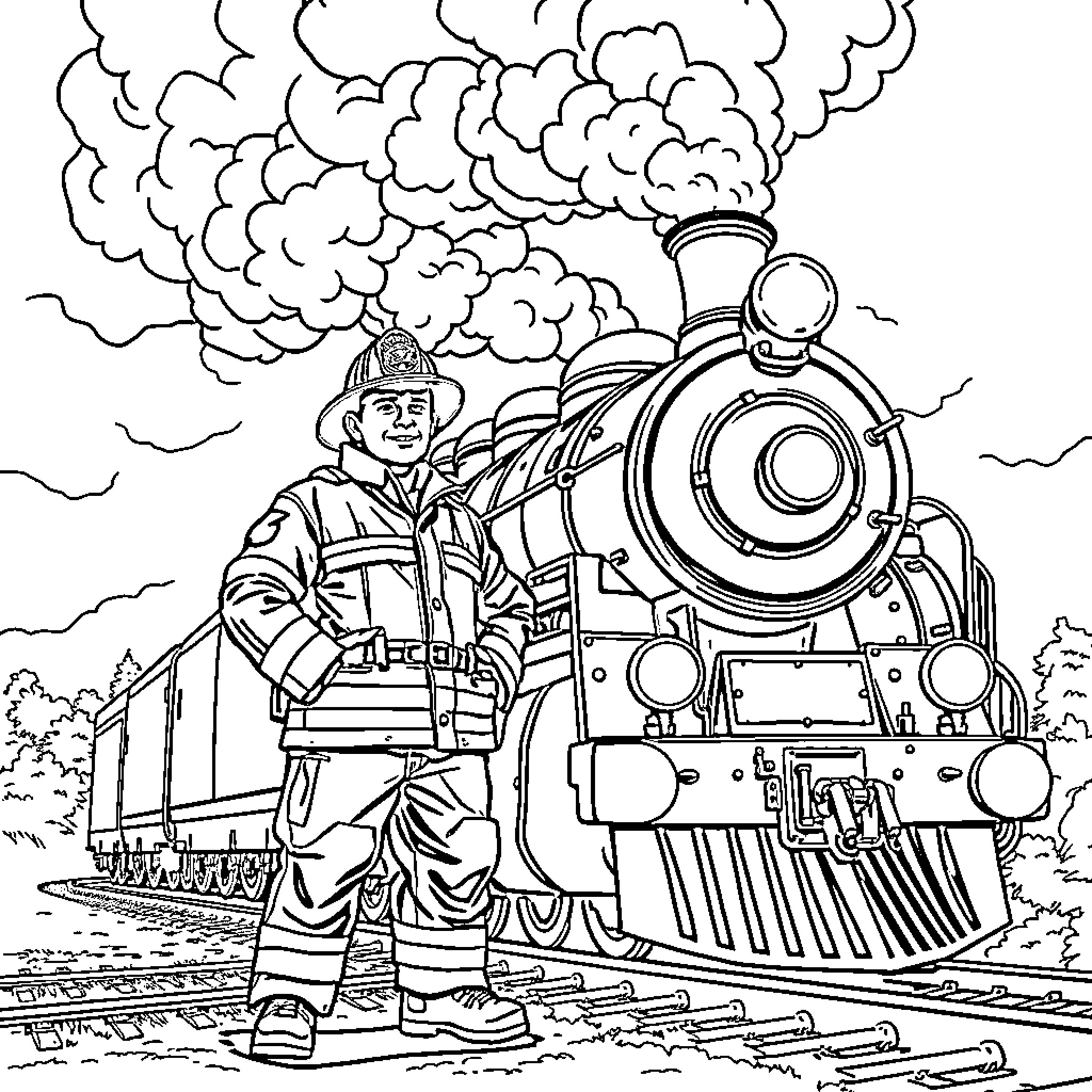 Fireman driving powerful steam locomotive through the countryside Coloring Page (free black-and-white line drawing printable PDF for all, from beginners to advanced learners, including children, teens, adults, and seniors)