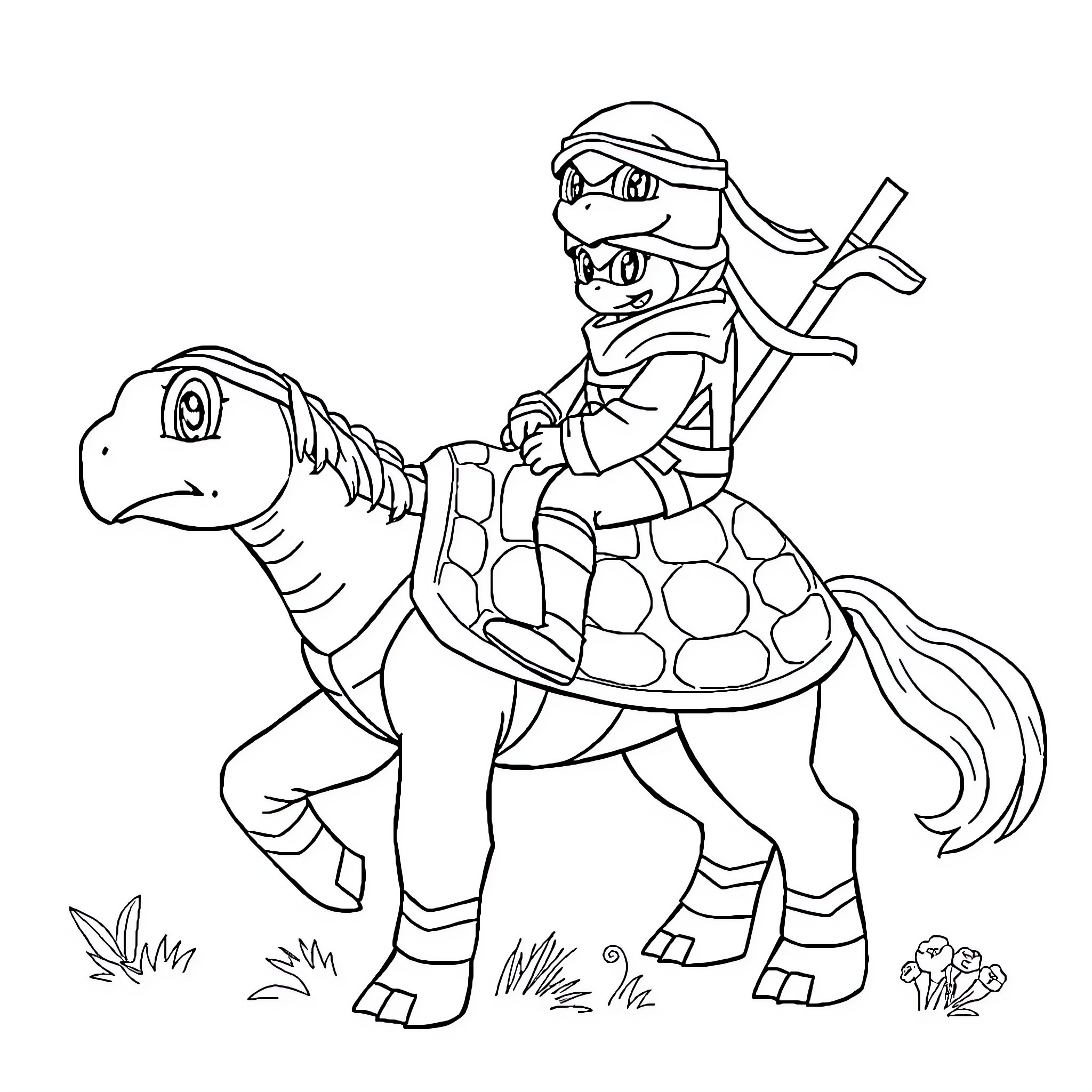 Ninja Turtle riding on a spotted dinosaur Coloring Page (free black-and-white line drawing printable PDF for all, from beginners to advanced learners, including children, teens, adults, and seniors)