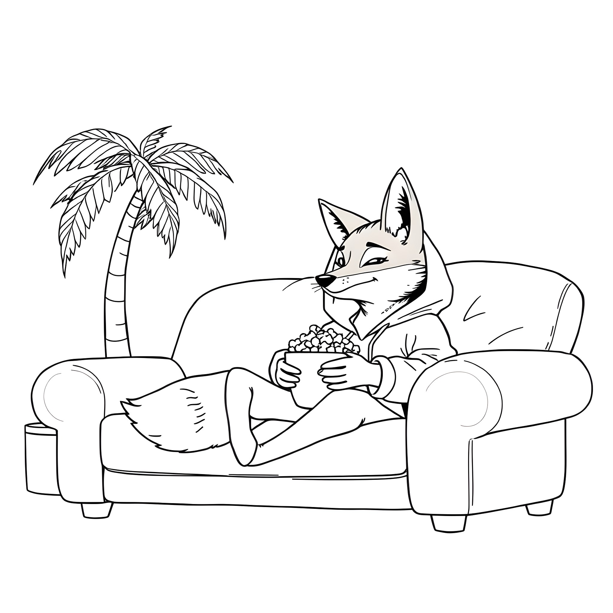 Fox resting comfortably on couch with snacks Coloring Page (free black-and-white line drawing printable PDF for all, from beginners to advanced learners, including children, teens, adults, and seniors)