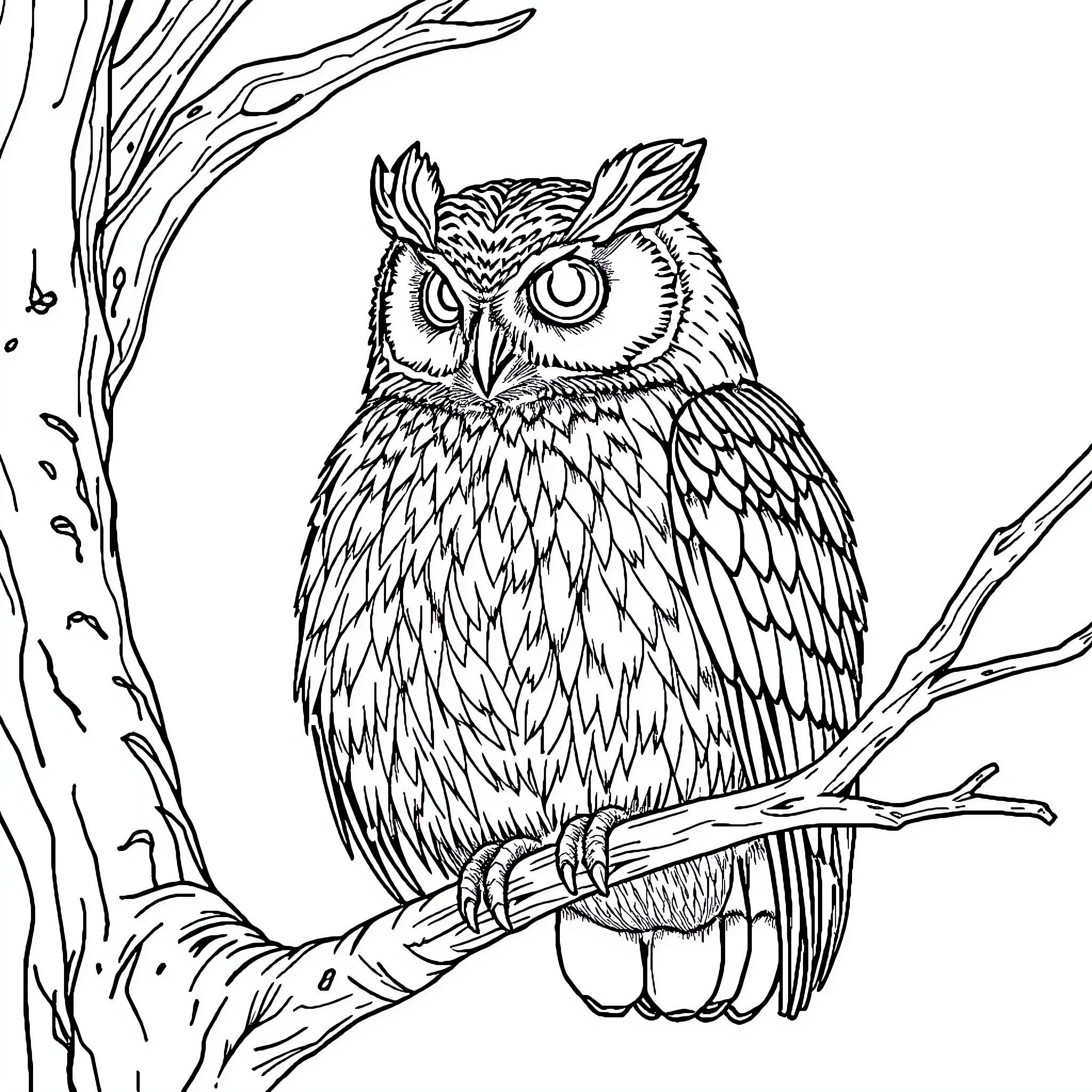 Owl perched on a tree branch Coloring Page (free black-and-white line drawing printable PDF for all, from beginners to advanced learners, including children, teens, adults, and seniors)