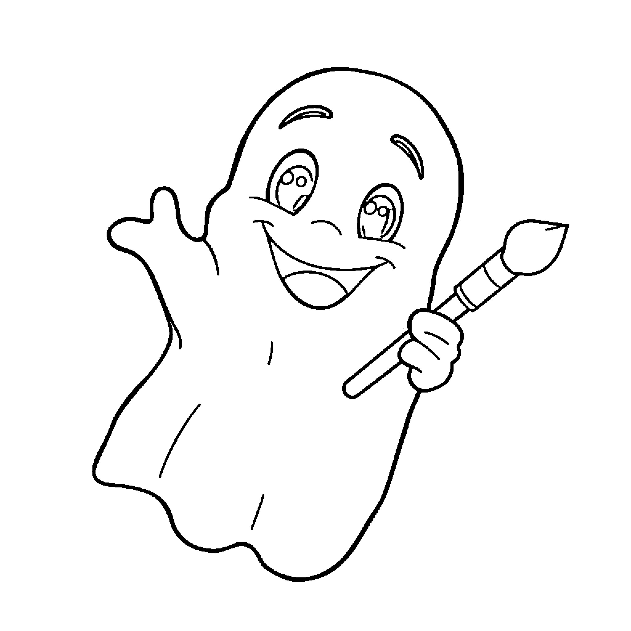 Ghost happily waving with a magic wand Coloring Page (free black-and-white line drawing printable PDF for all, from beginners to advanced learners, including children, teens, adults, and seniors)