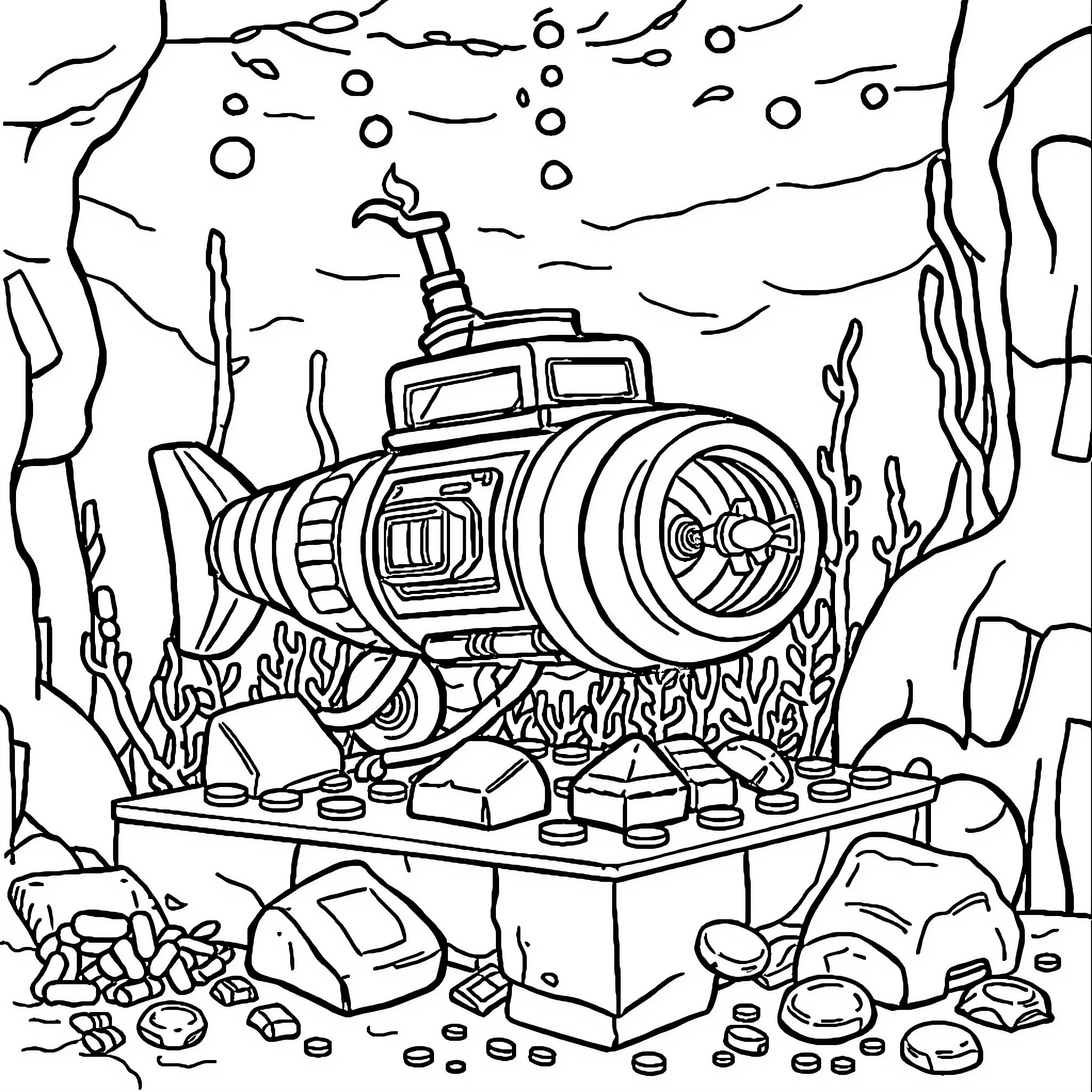 Submarine exploring the deep sea Coloring Page (free black-and-white line drawing printable PDF for all, from beginners to advanced learners, including children, teens, adults, and seniors)