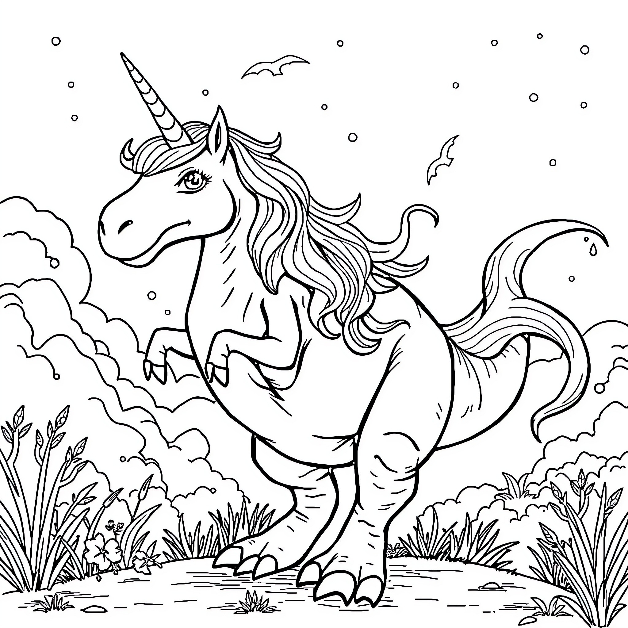 Unicorn prancing through a magical forest landscape Coloring Page (free black-and-white line drawing printable PDF for all, from beginners to advanced learners, including children, teens, adults, and seniors)