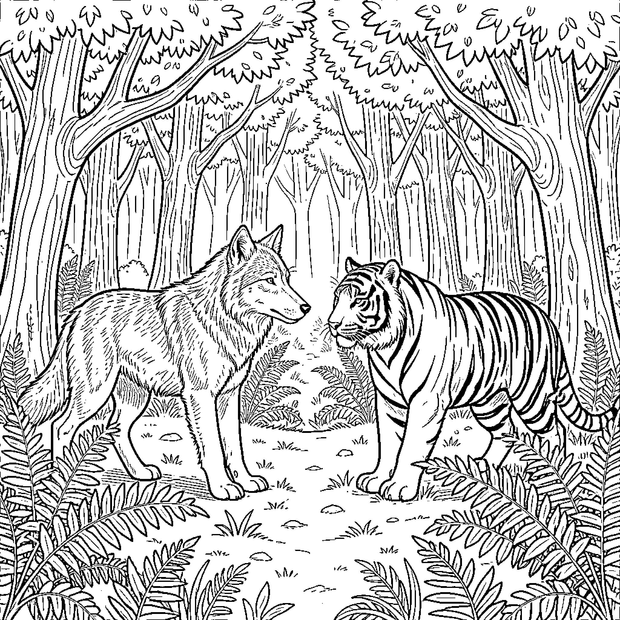 Wolf and tiger standing together in a forest Coloring Page (free black-and-white line drawing printable PDF for all, from beginners to advanced learners, including children, teens, adults, and seniors)