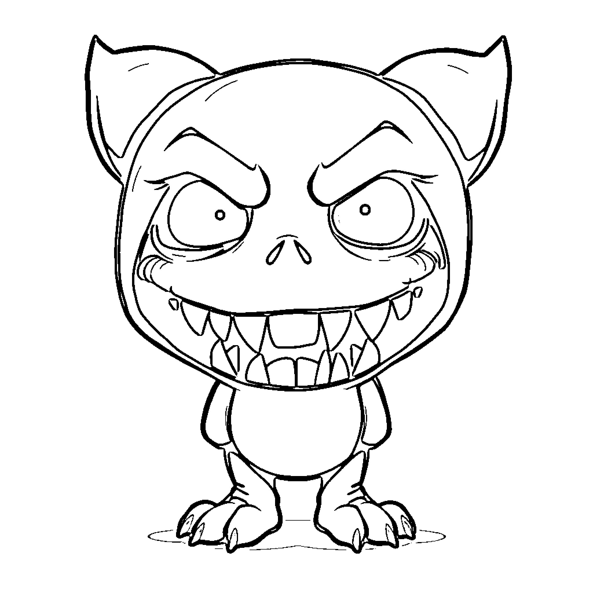 Cutie Angry Cartoon Monster with Big Teeth Coloring Page (free black-and-white line drawing printable PDF for all, from beginners to advanced learners, including children, teens, adults, and seniors)
