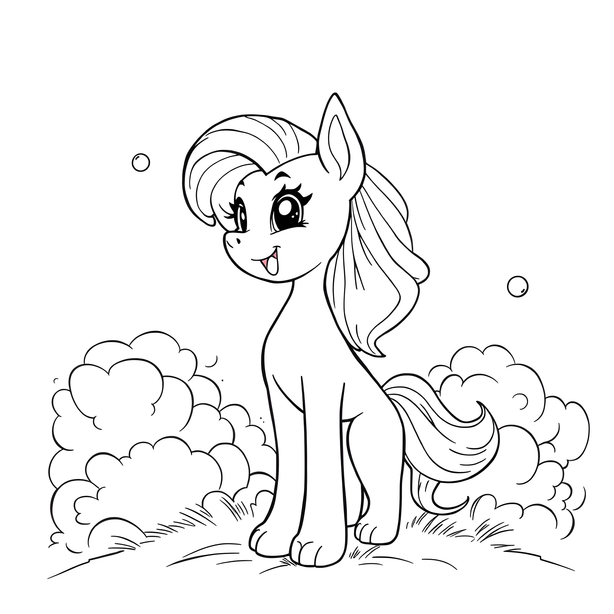 Misty pony with cute expression in natural setting Coloring Page (free black-and-white line drawing printable PDF for all, from beginners to advanced learners, including children, teens, adults, and seniors)
