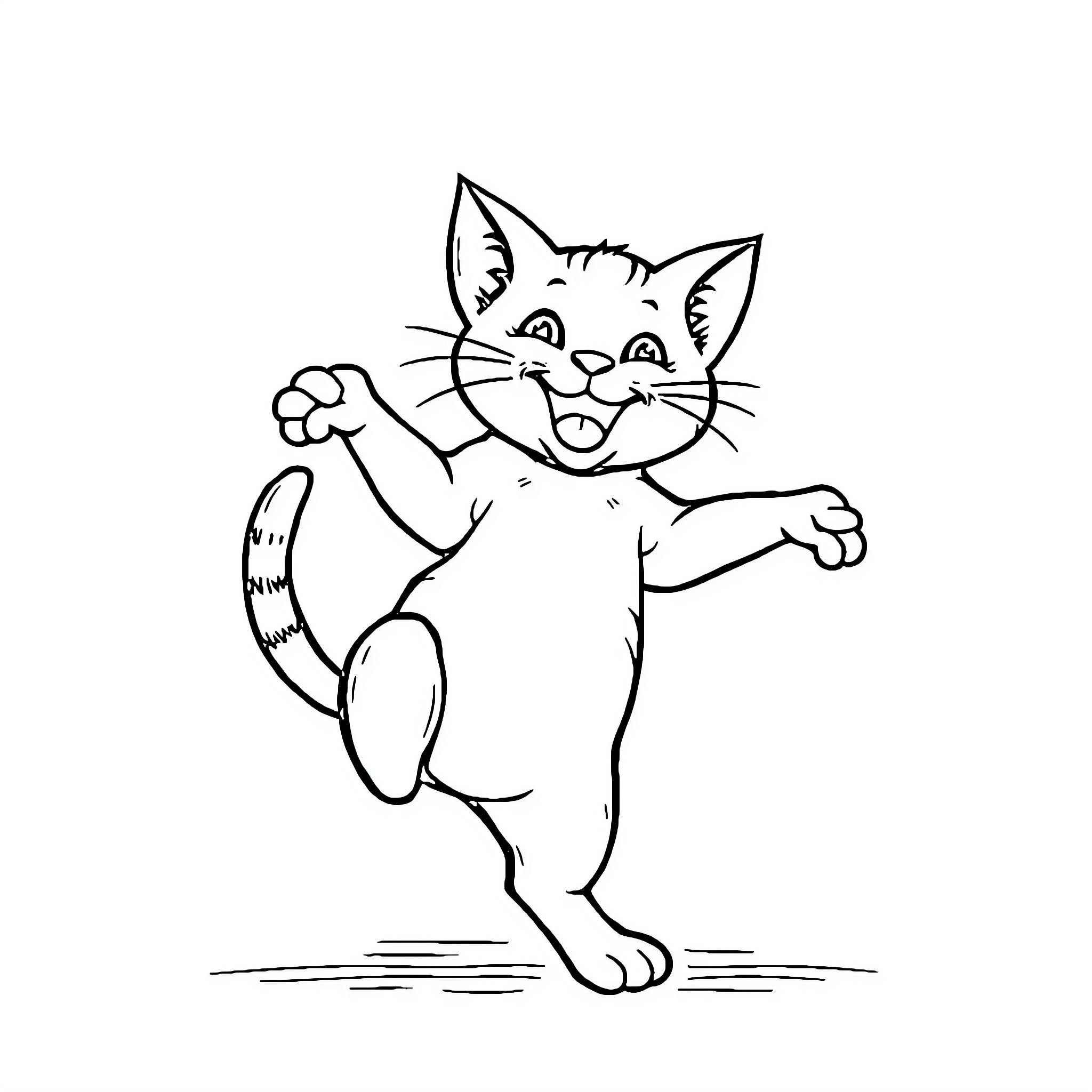 Cat joyfully dancing Coloring Page (free black-and-white line drawing printable PDF for all, from beginners to advanced learners, including children, teens, adults, and seniors)