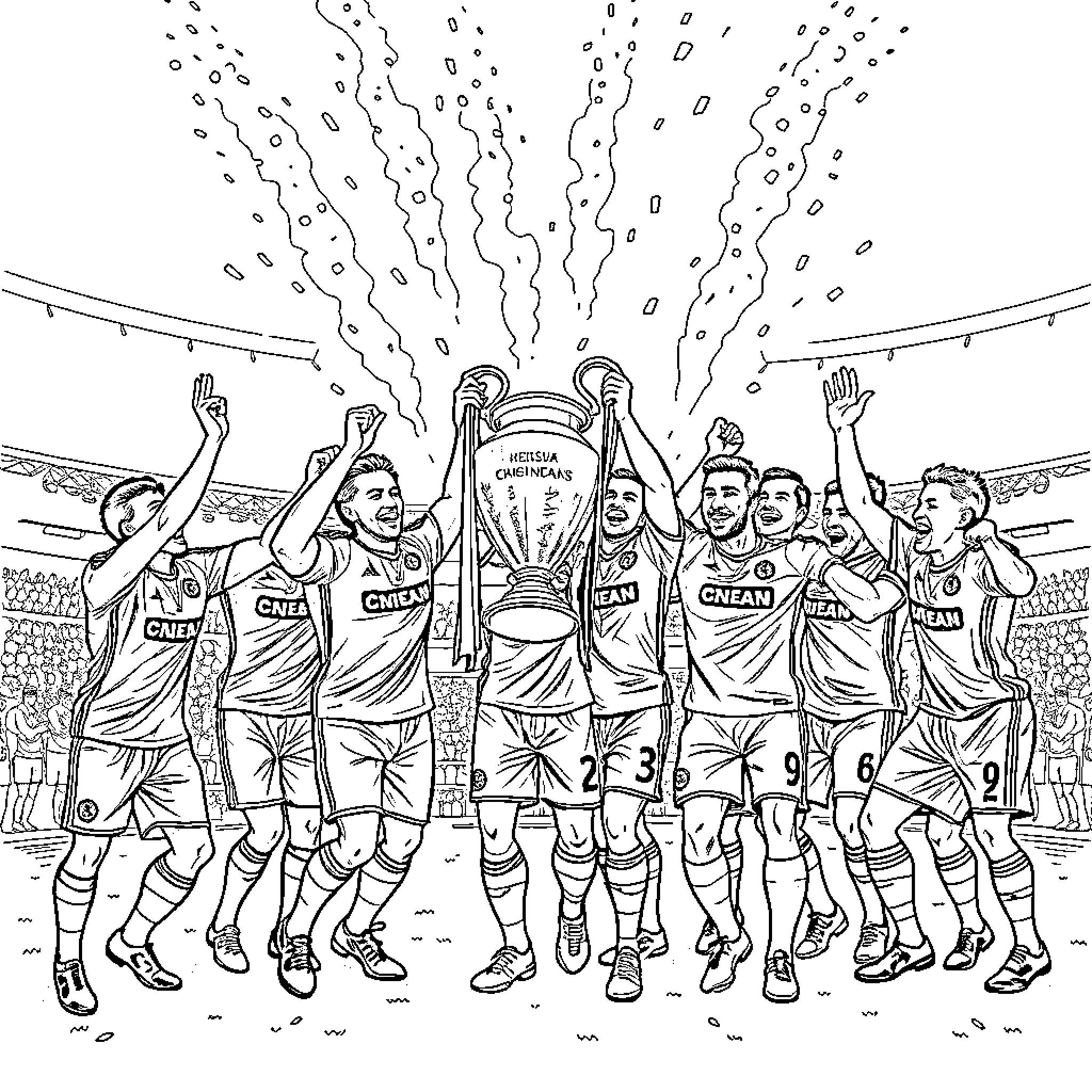 Chelsea FC players celebrating their Champions League trophy win Coloring Page (free black-and-white line drawing printable PDF for all, from beginners to advanced learners, including children, teens, adults, and seniors)