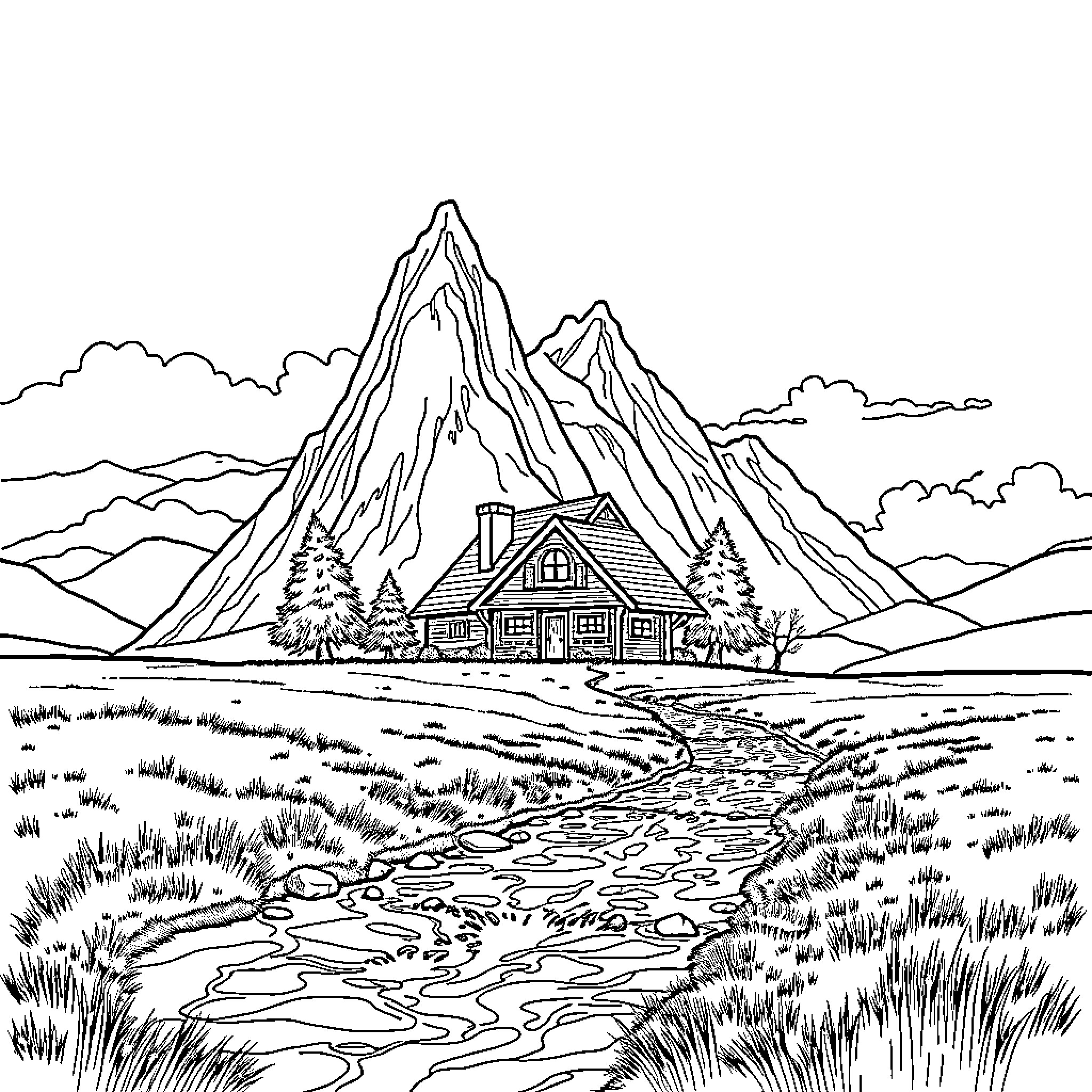 House nestled in scenic mountain landscape Coloring Page (free black-and-white line drawing printable PDF for all, from beginners to advanced learners, including children, teens, adults, and seniors)