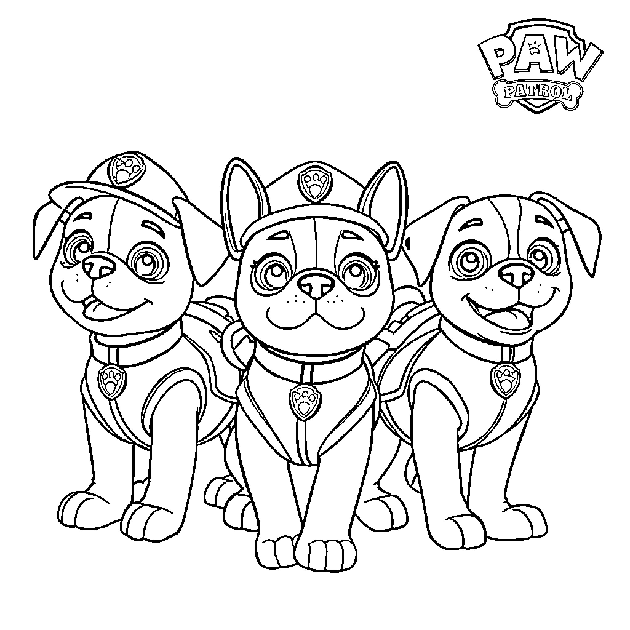 Paw Patrol Pups Happily Together Coloring Page (free black-and-white line drawing printable PDF for all, from beginners to advanced learners, including children, teens, adults, and seniors)
