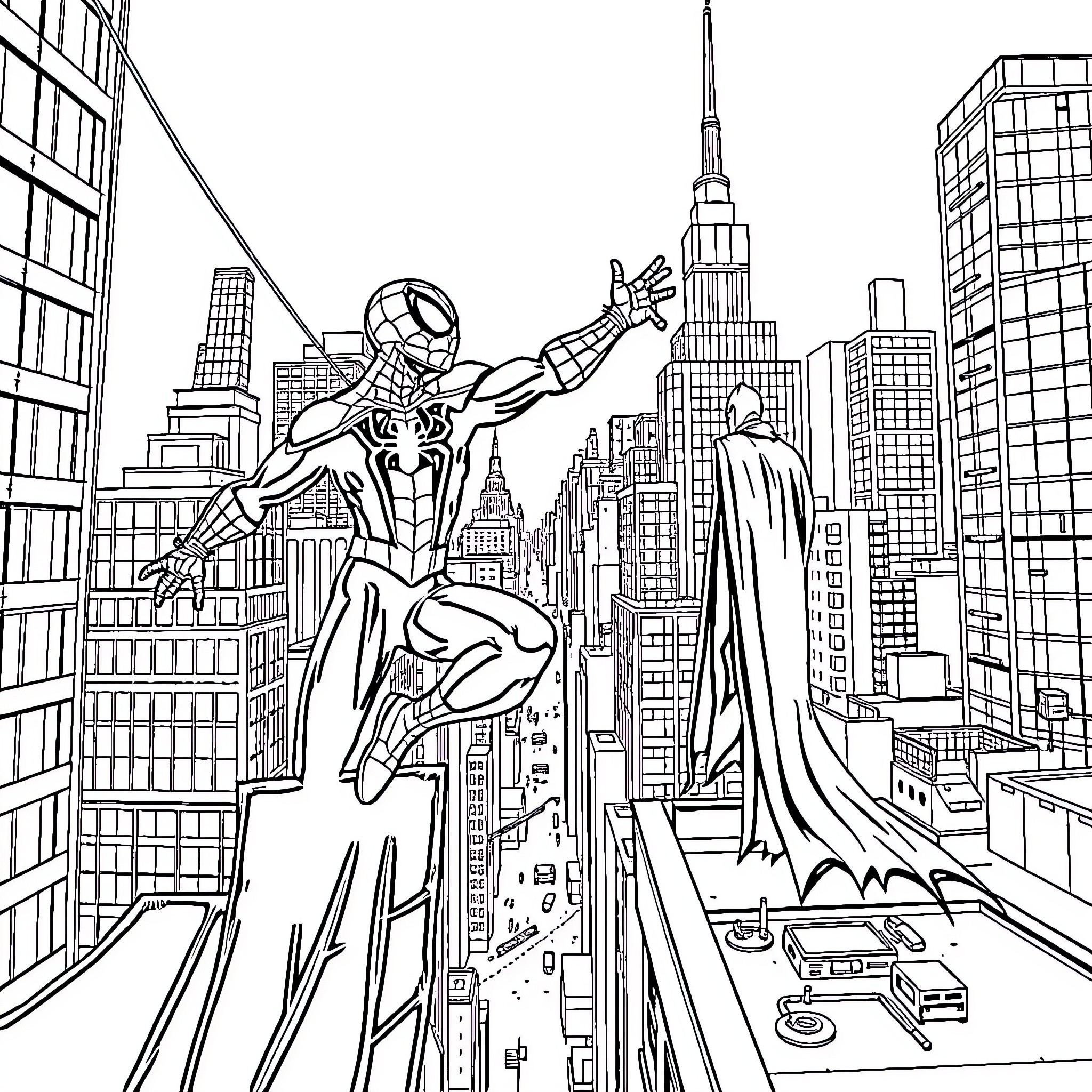Spider-Man swinging through the city skyline Coloring Page (free black-and-white line drawing printable PDF for all, from beginners to advanced learners, including children, teens, adults, and seniors)