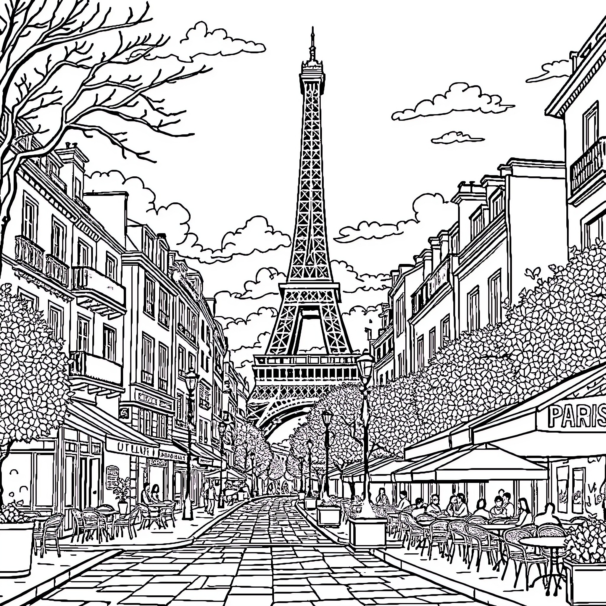 Paris street scene with Eiffel Tower Coloring Page (free black-and-white line drawing printable PDF for all, from beginners to advanced learners, including children, teens, adults, and seniors)