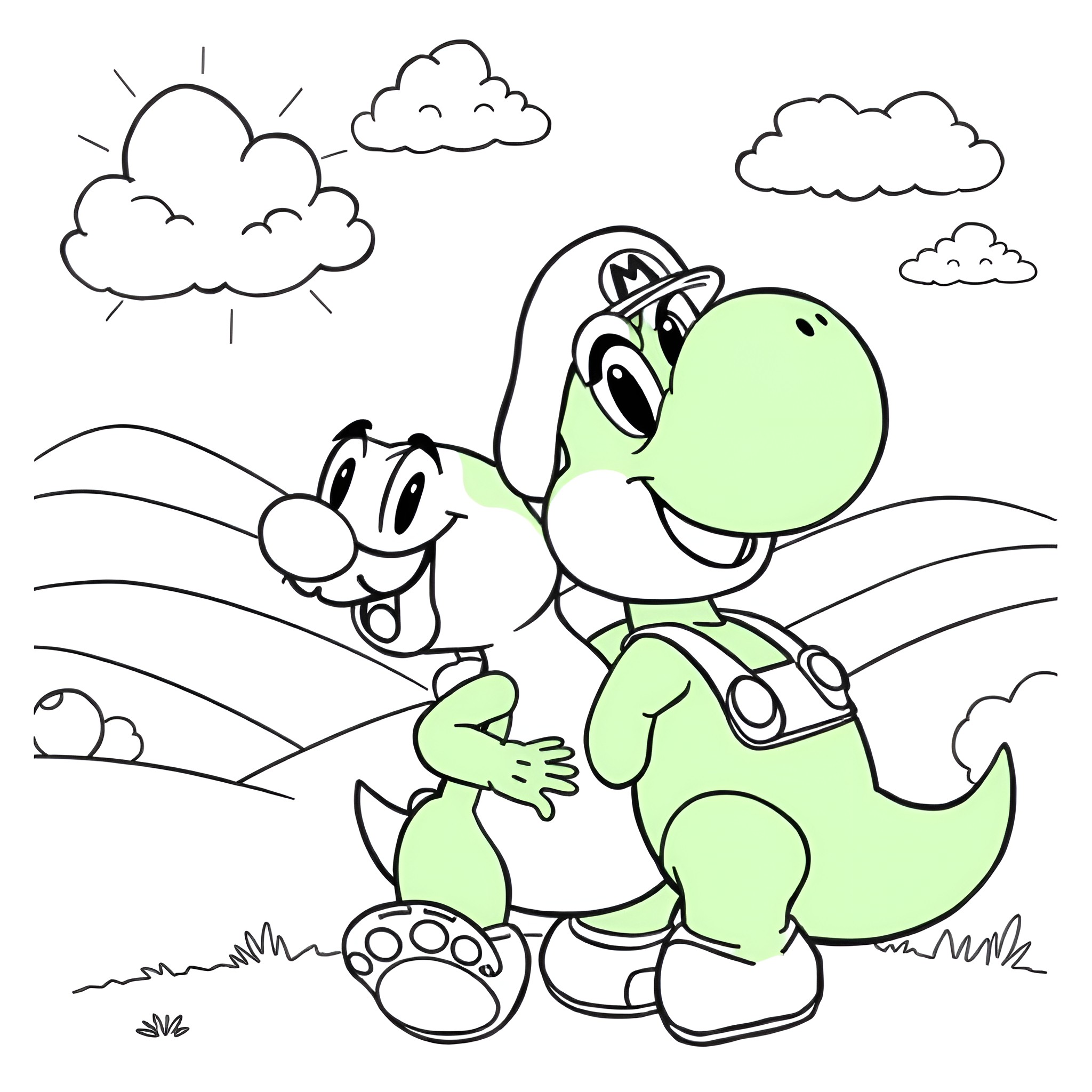 Yoshi exploring the countryside Coloring Page (free black-and-white line drawing printable PDF for all, from beginners to advanced learners, including children, teens, adults, and seniors)