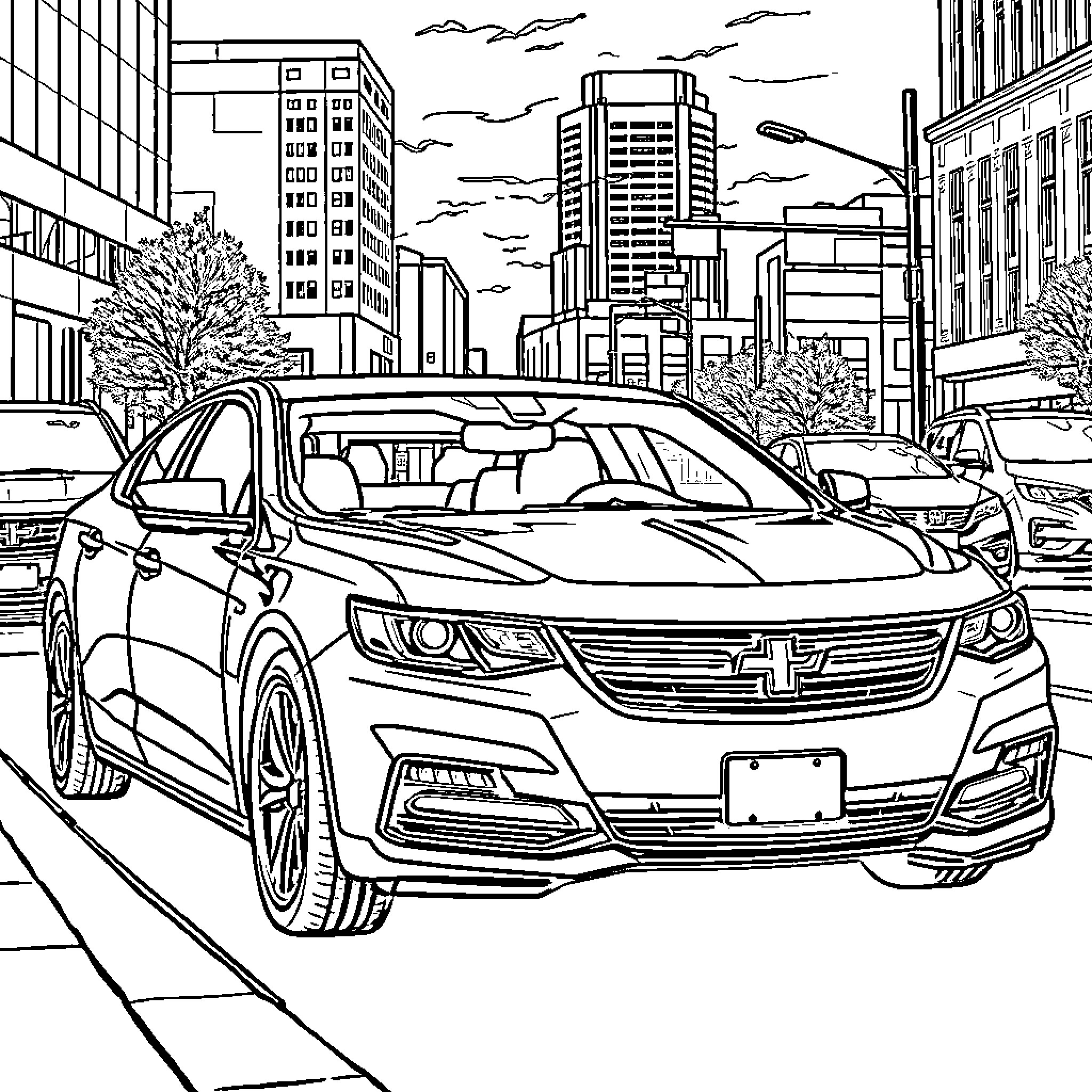 Caprice of the City Streets Coloring Page (free black-and-white line drawing printable PDF for all, from beginners to advanced learners, including children, teens, adults, and seniors)