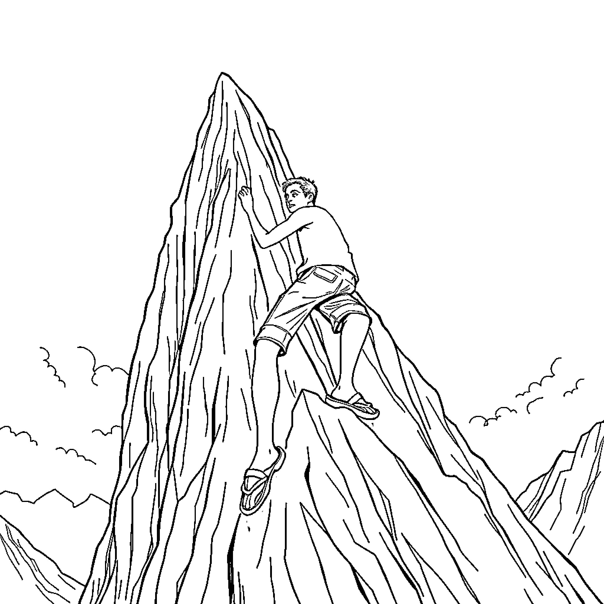 Elon Musk scaling a towering cliff Coloring Page (free black-and-white line drawing printable PDF for all, from beginners to advanced learners, including children, teens, adults, and seniors)