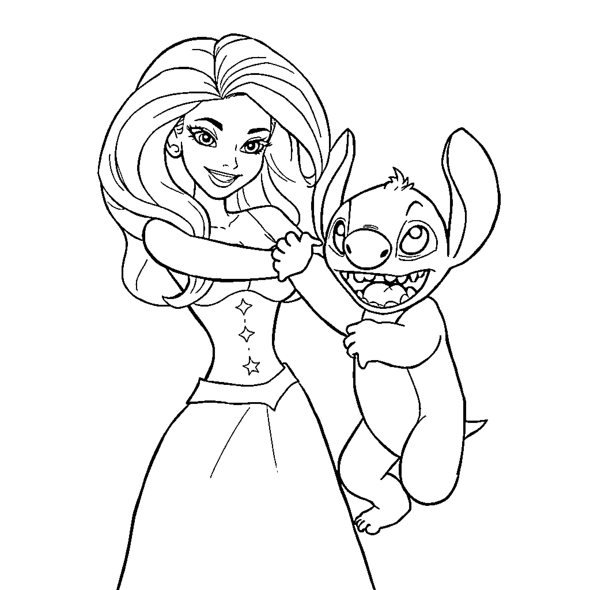 Barbie playing with cute cartoon character Coloring Page (free black-and-white line drawing printable PDF for all, from beginners to advanced learners, including children, teens, adults, and seniors)