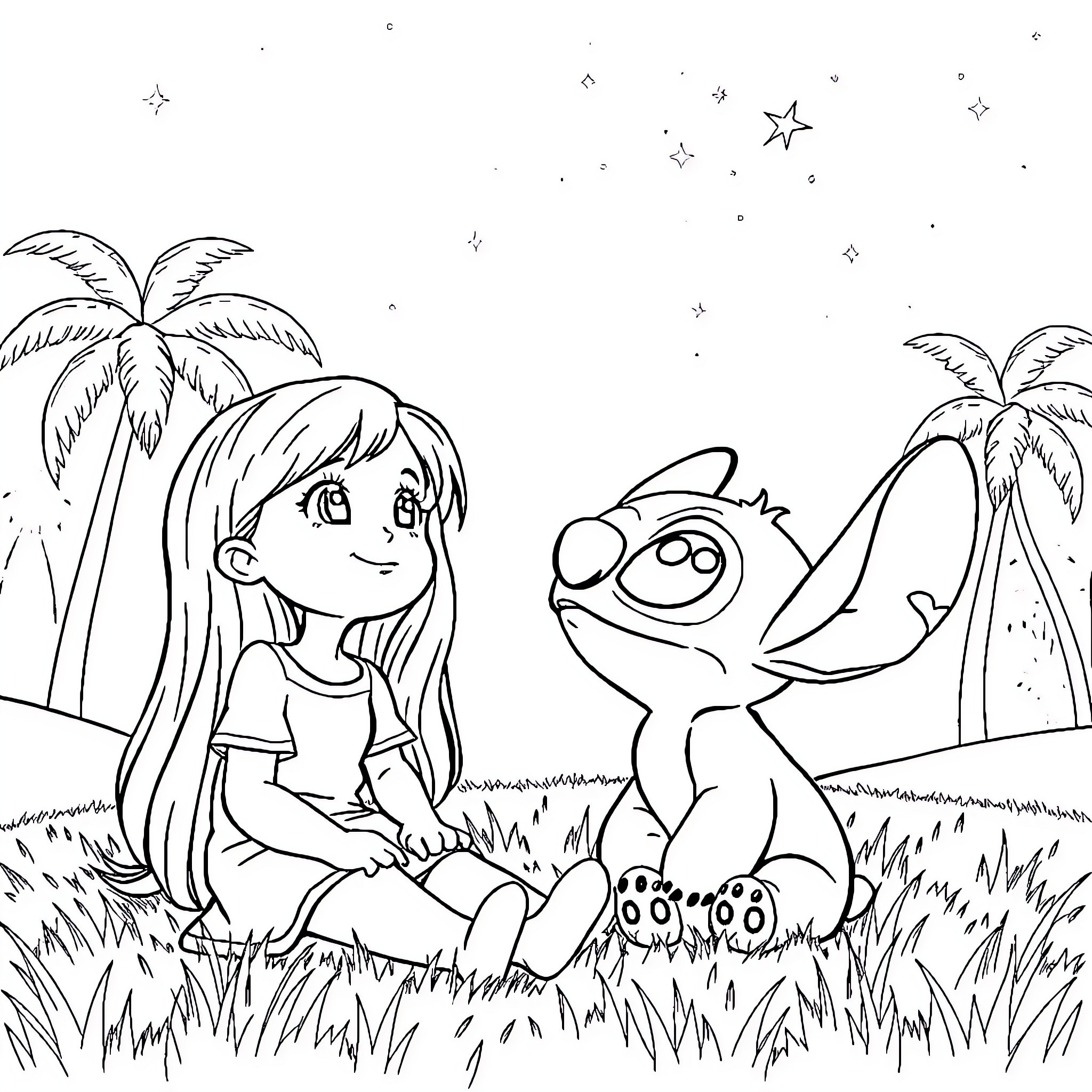 Girl befriending a friendly creature in nature Coloring Page (free black-and-white line drawing printable PDF for all, from beginners to advanced learners, including children, teens, adults, and seniors)