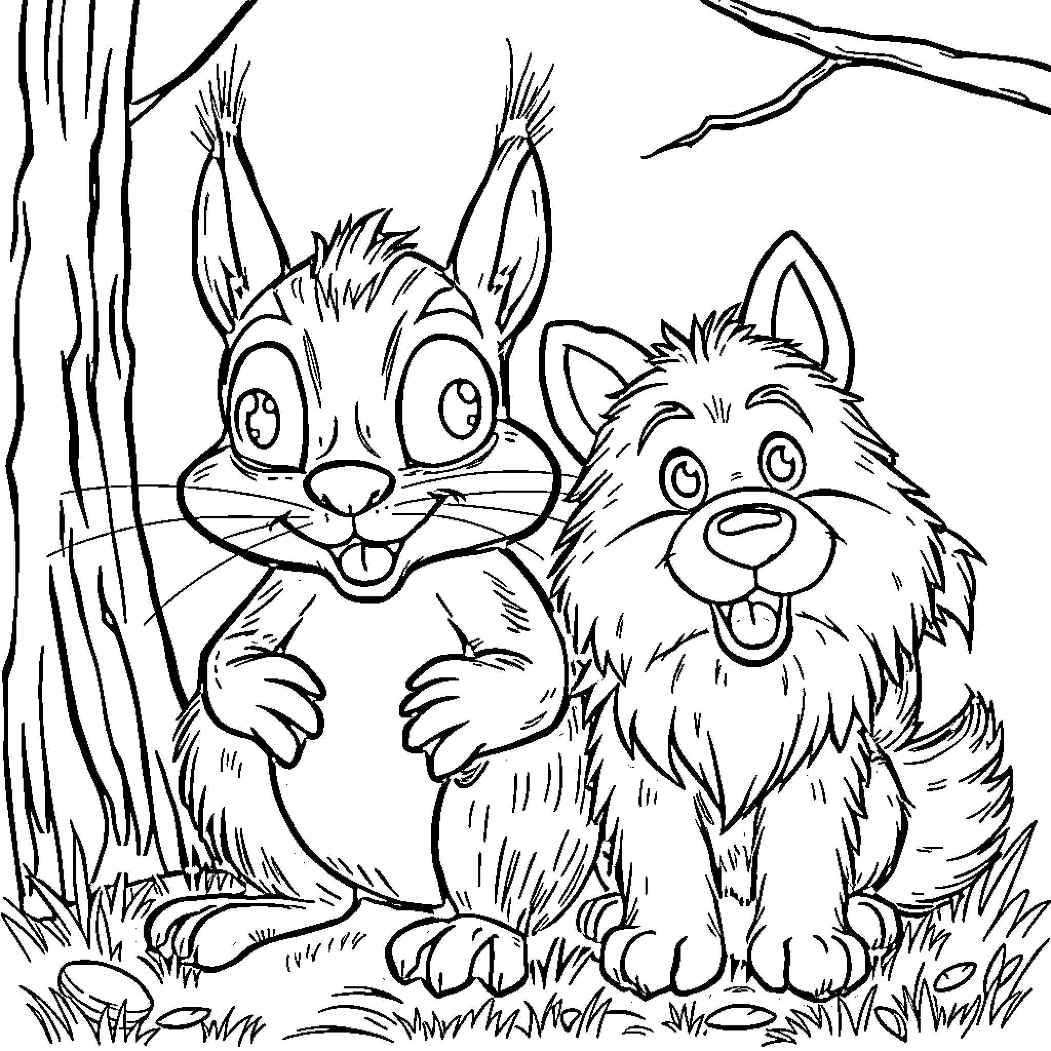 Squirrel and Dog Sharing a Moment in the Woods Coloring Page (free black-and-white line drawing printable PDF for all, from beginners to advanced learners, including children, teens, adults, and seniors)