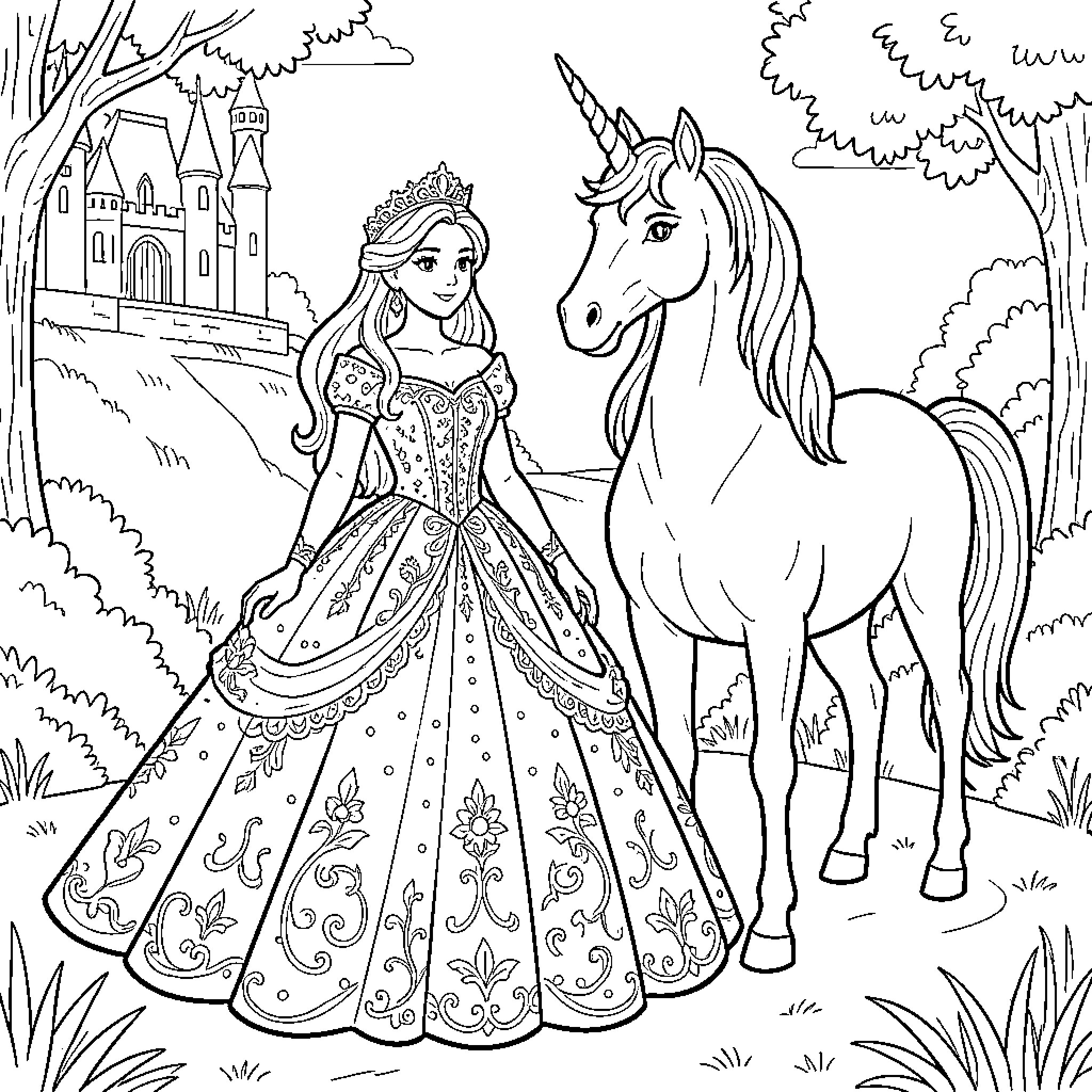 Princess in Elaborate Gown with Unicorn in Enchanted Forest Coloring Page (free black-and-white line drawing printable PDF for all, from beginners to advanced learners, including children, teens, adults, and seniors)