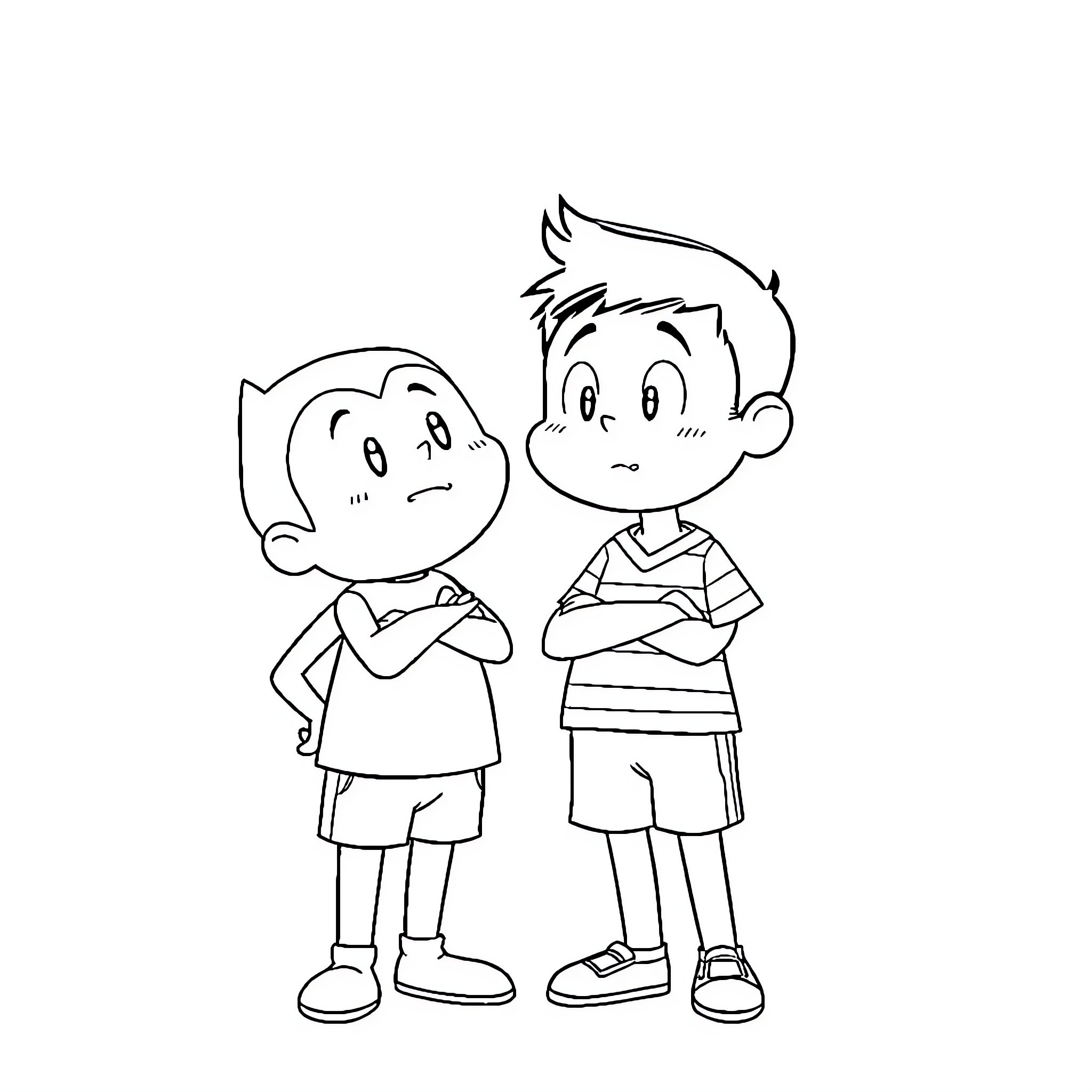 Nobita and a friend in casual attire Coloring Page (free black-and-white line drawing printable PDF for all, from beginners to advanced learners, including children, teens, adults, and seniors)