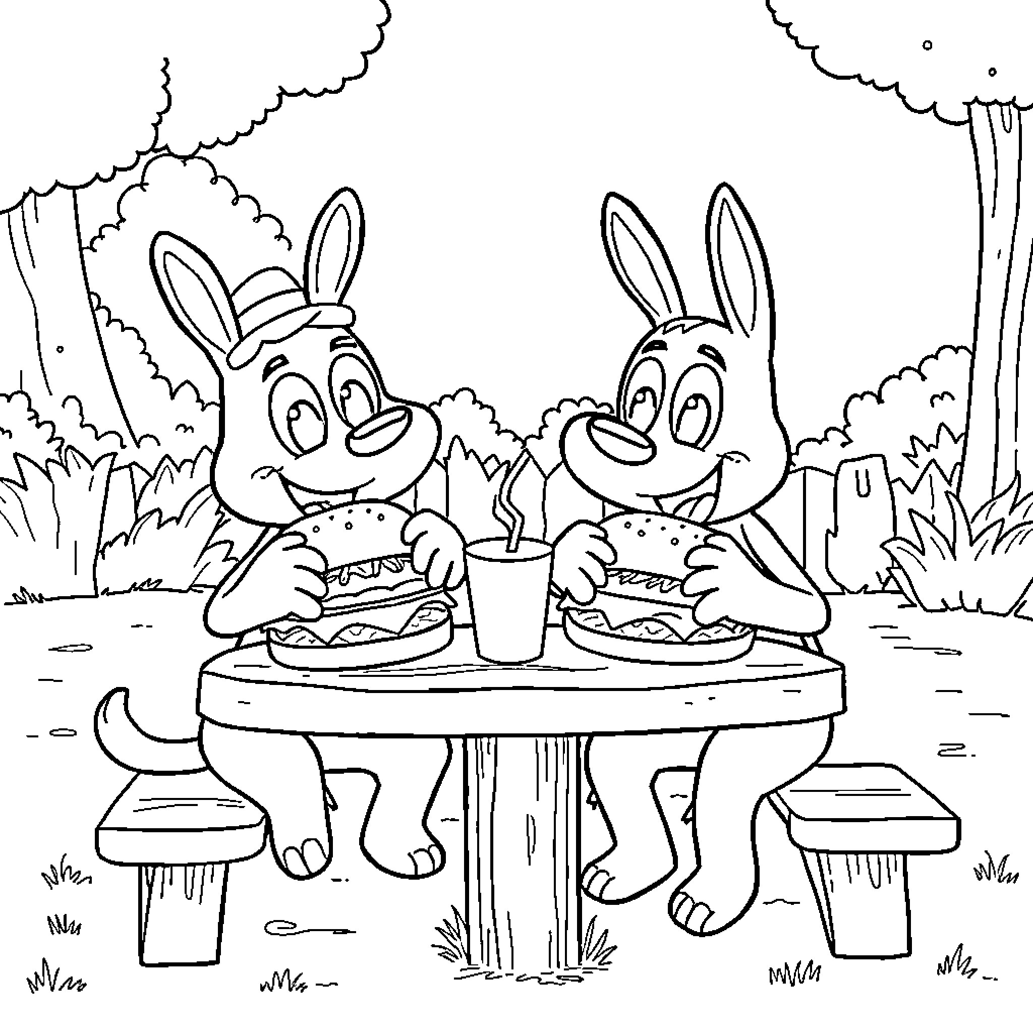 Bluey rabbits enjoy a picnic in the park Coloring Page (free black-and-white line drawing printable PDF for all, from beginners to advanced learners, including children, teens, adults, and seniors)