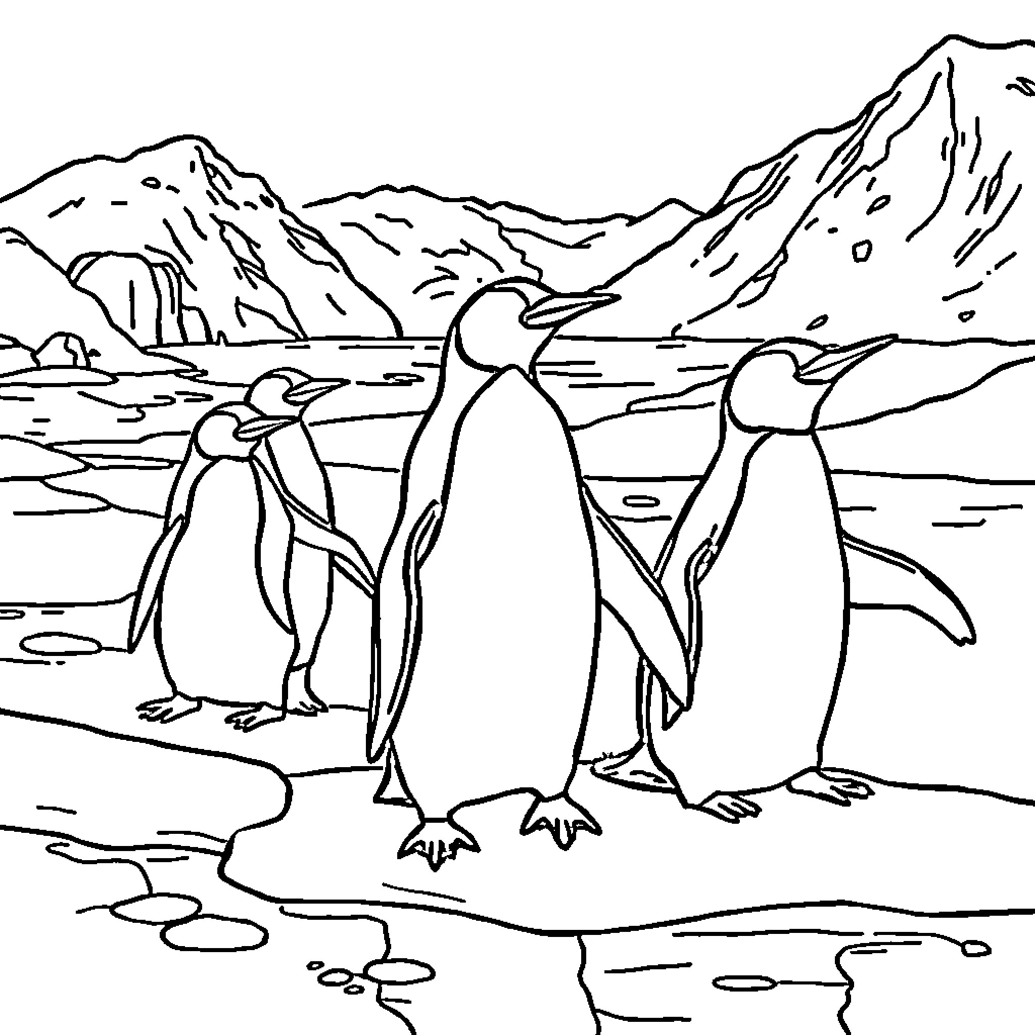 Penguins walking peacefully in snowy landscape Coloring Page (free black-and-white line drawing printable PDF for all, from beginners to advanced learners, including children, teens, adults, and seniors)