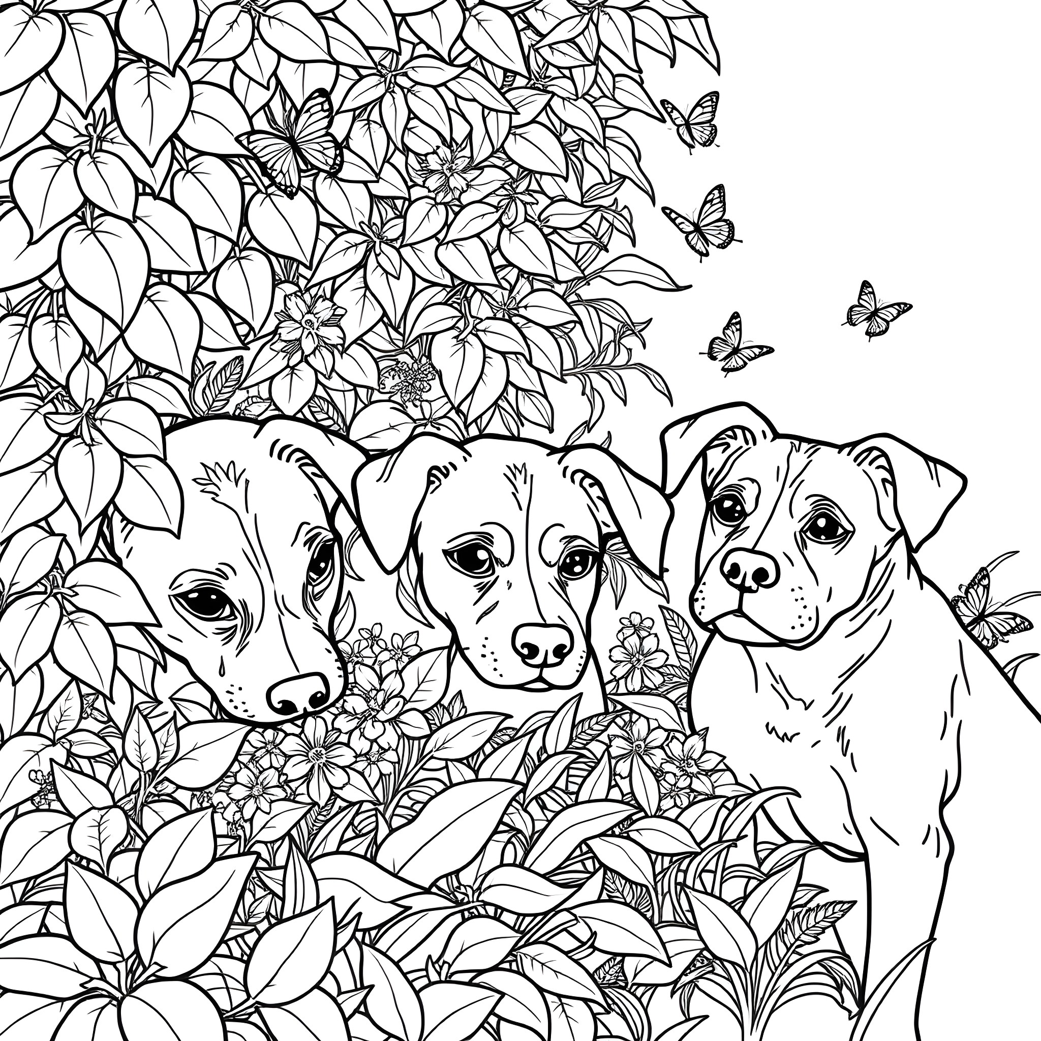 Dogs playing amid floral leaves and butterflies Coloring Page (free black-and-white line drawing printable PDF for all, from beginners to advanced learners, including children, teens, adults, and seniors)