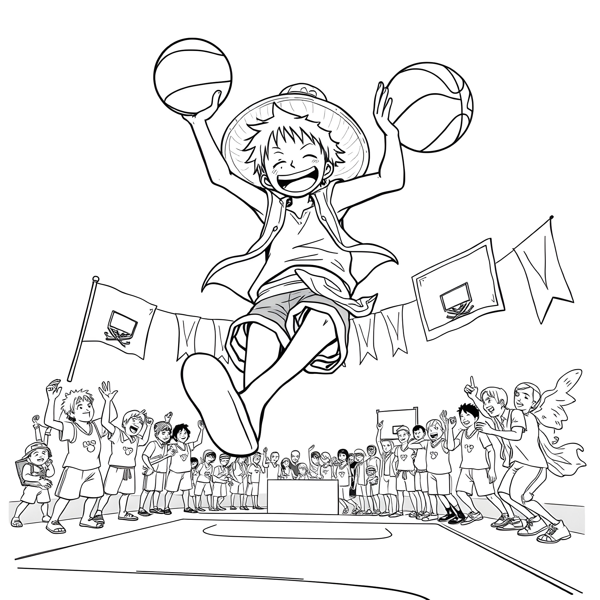Luffy's Joyful Basketball Triumph Coloring Page (free black-and-white line drawing printable PDF for all, from beginners to advanced learners, including children, teens, adults, and seniors)