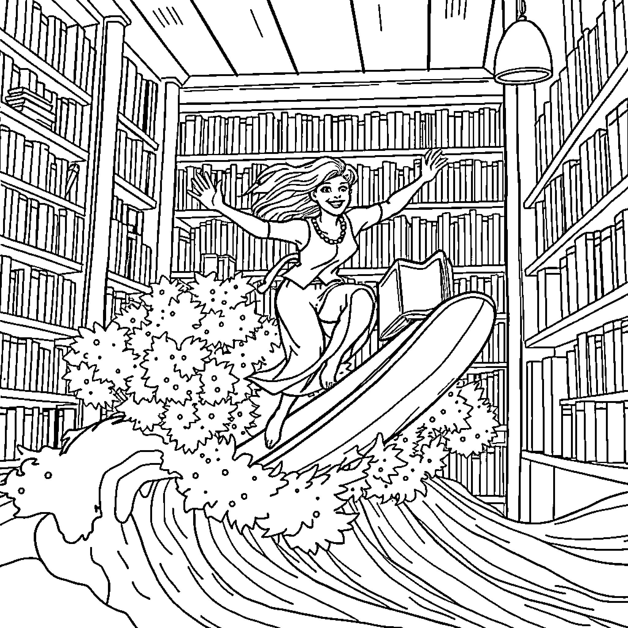 Mom's Magical Library Adventure Coloring Page (free black-and-white line drawing printable PDF for all, from beginners to advanced learners, including children, teens, adults, and seniors)