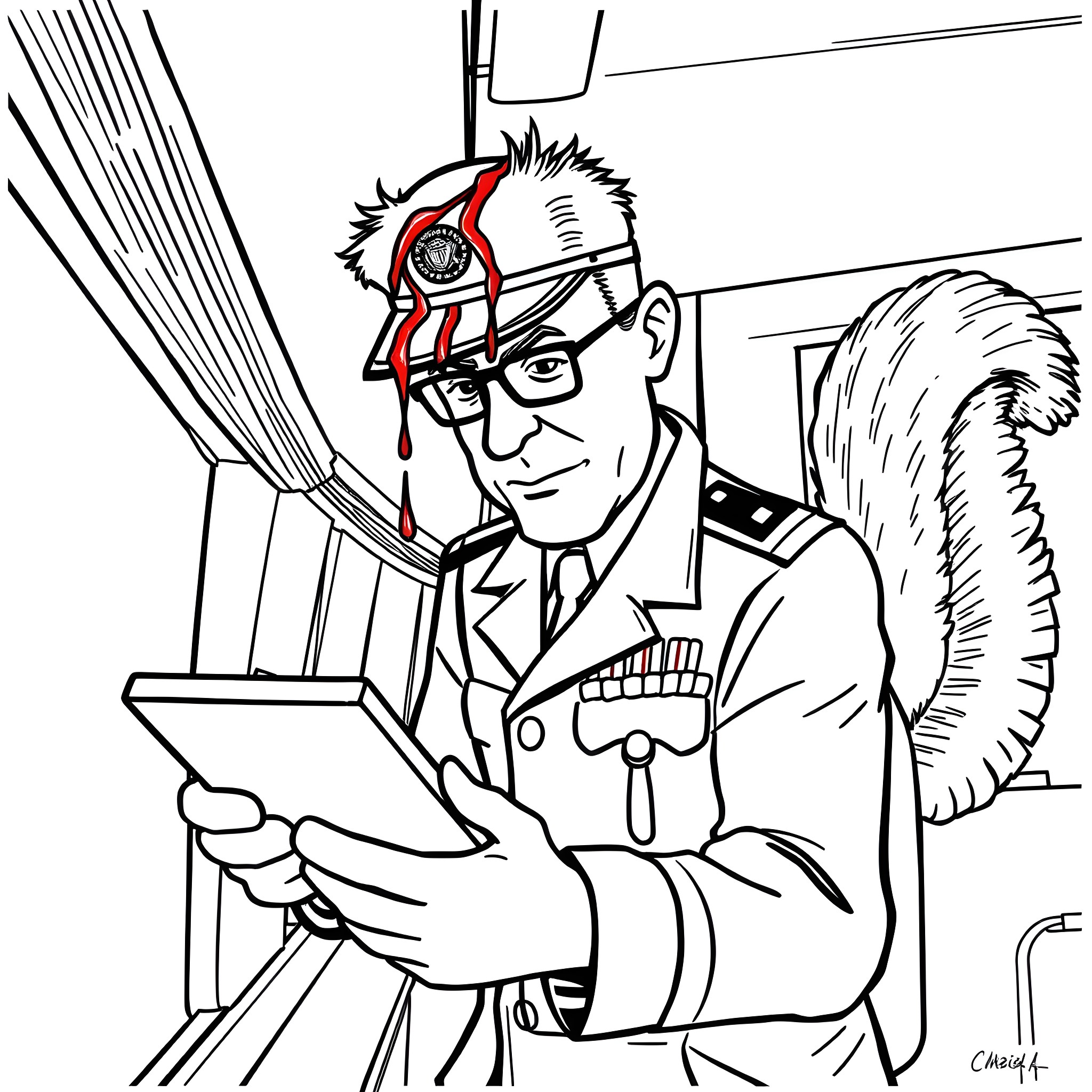 Lieutenant in Distress with Injuries Coloring Page (free black-and-white line drawing printable PDF for all, from beginners to advanced learners, including children, teens, adults, and seniors)