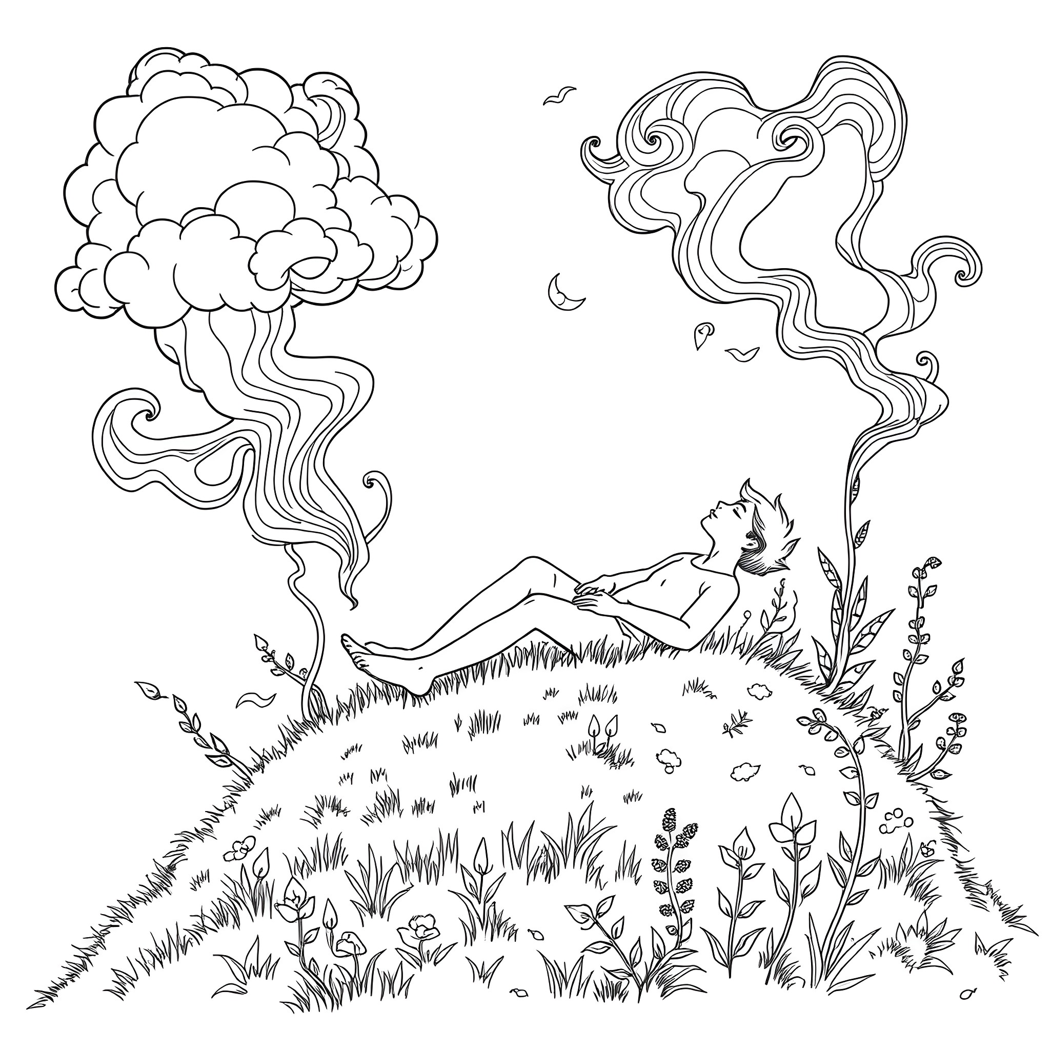 Stoner relaxing in nature with swirling clouds Coloring Page (free black-and-white line drawing printable PDF for all, from beginners to advanced learners, including children, teens, adults, and seniors)