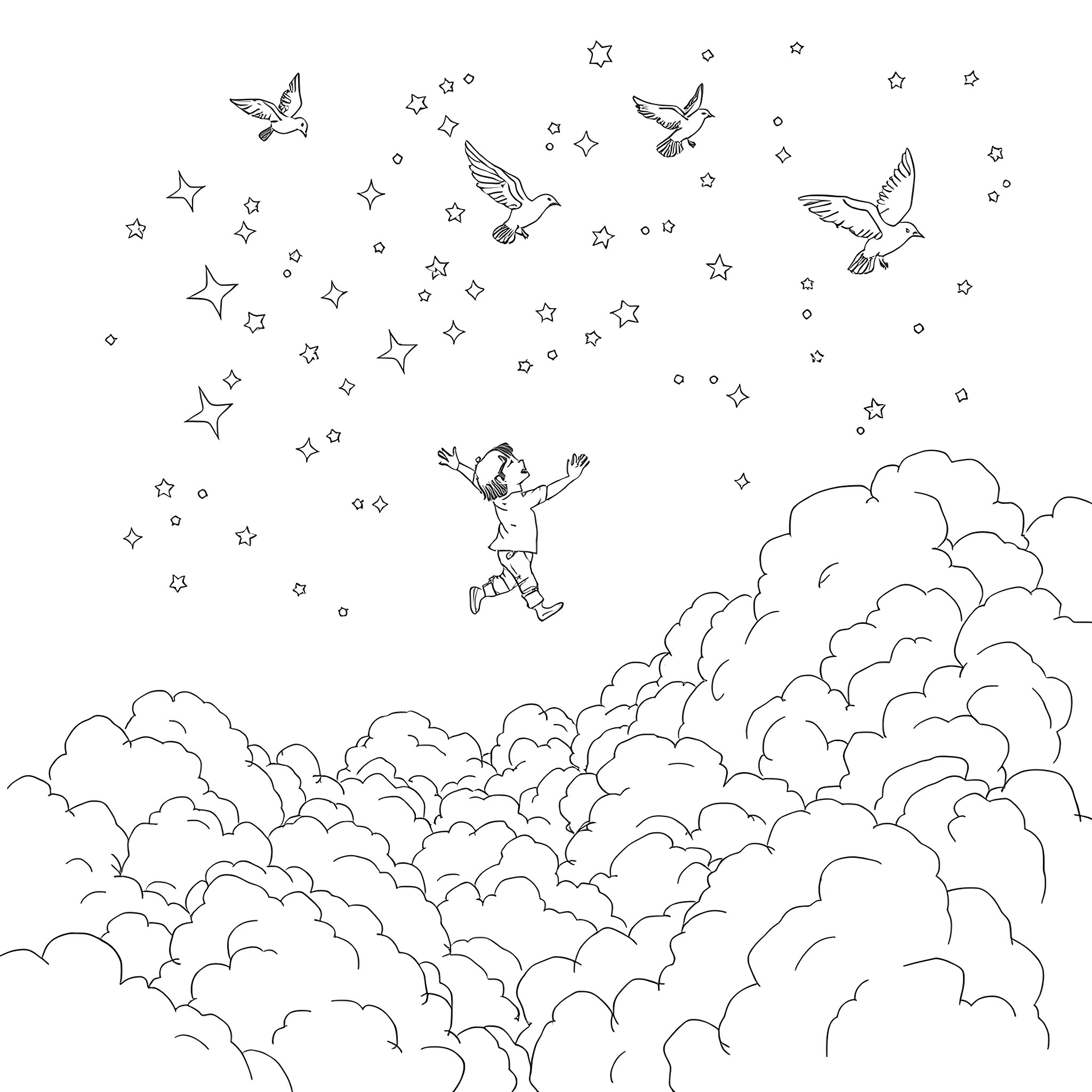 Cloud filled with flying figures and stars Coloring Page (free black-and-white line drawing printable PDF for all, from beginners to advanced learners, including children, teens, adults, and seniors)