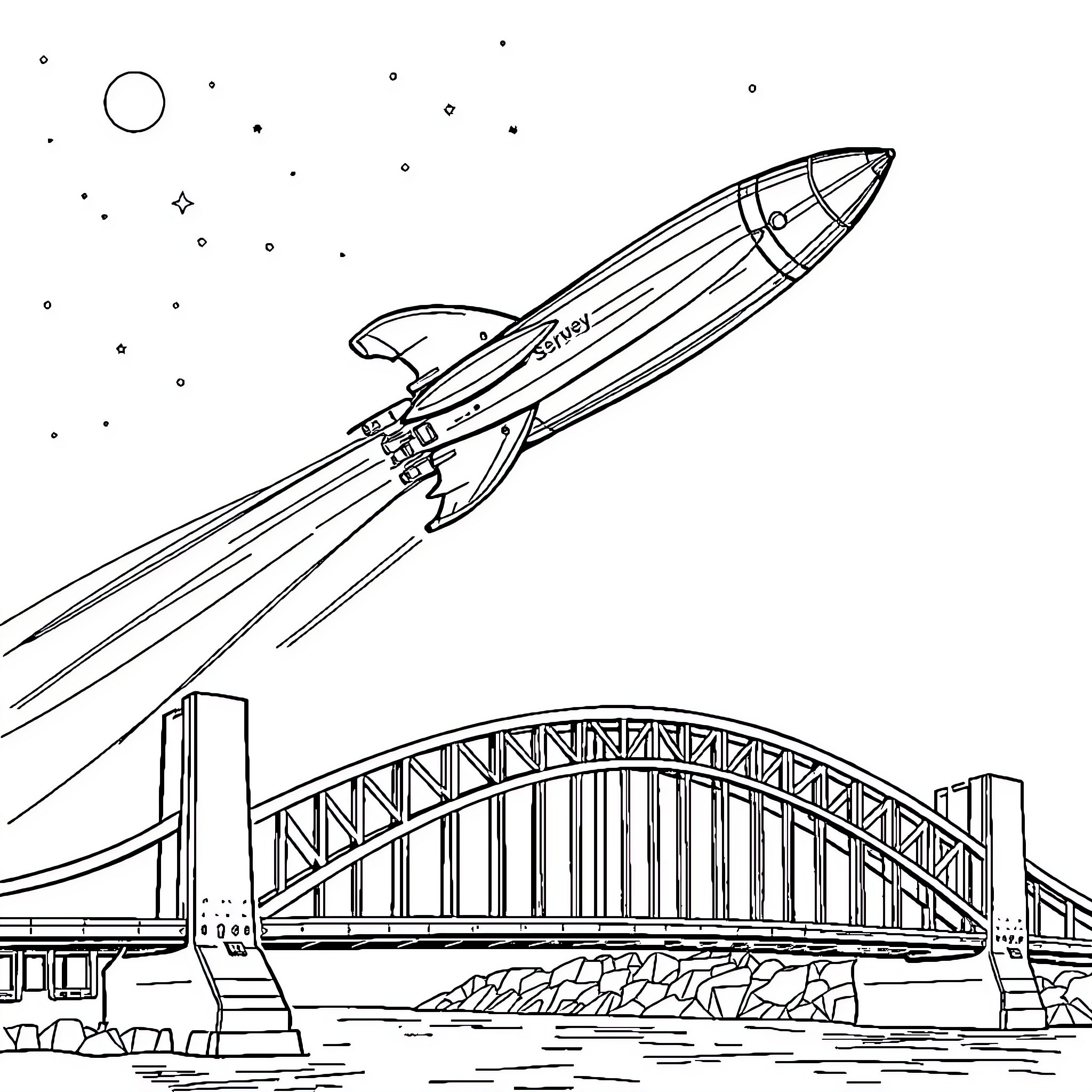 Spaceship launching over iconic bridge Coloring Page (free black-and-white line drawing printable PDF for all, from beginners to advanced learners, including children, teens, adults, and seniors)
