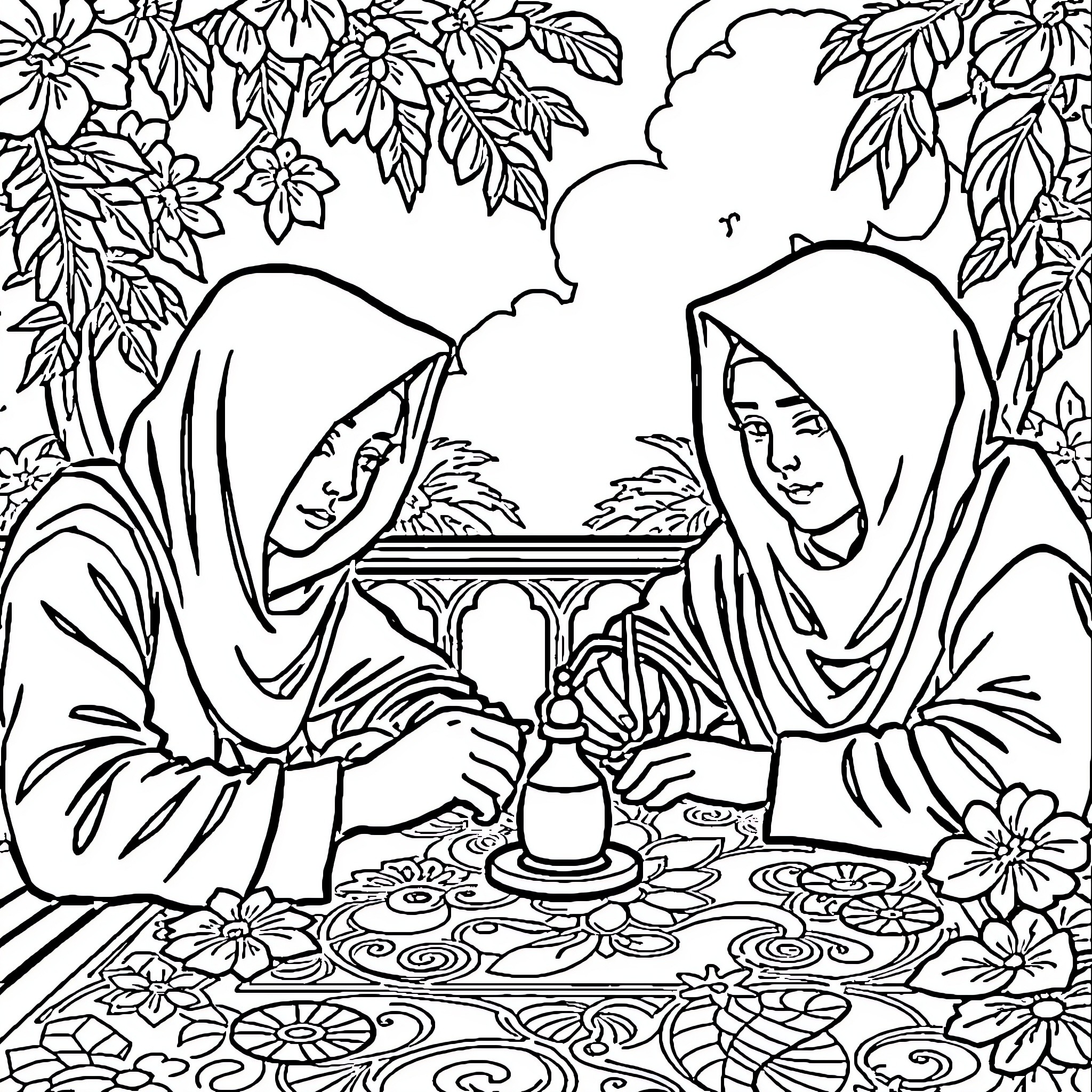 Chess players amid floral garden scenery Coloring Page (free black-and-white line drawing printable PDF for all, from beginners to advanced learners, including children, teens, adults, and seniors)
