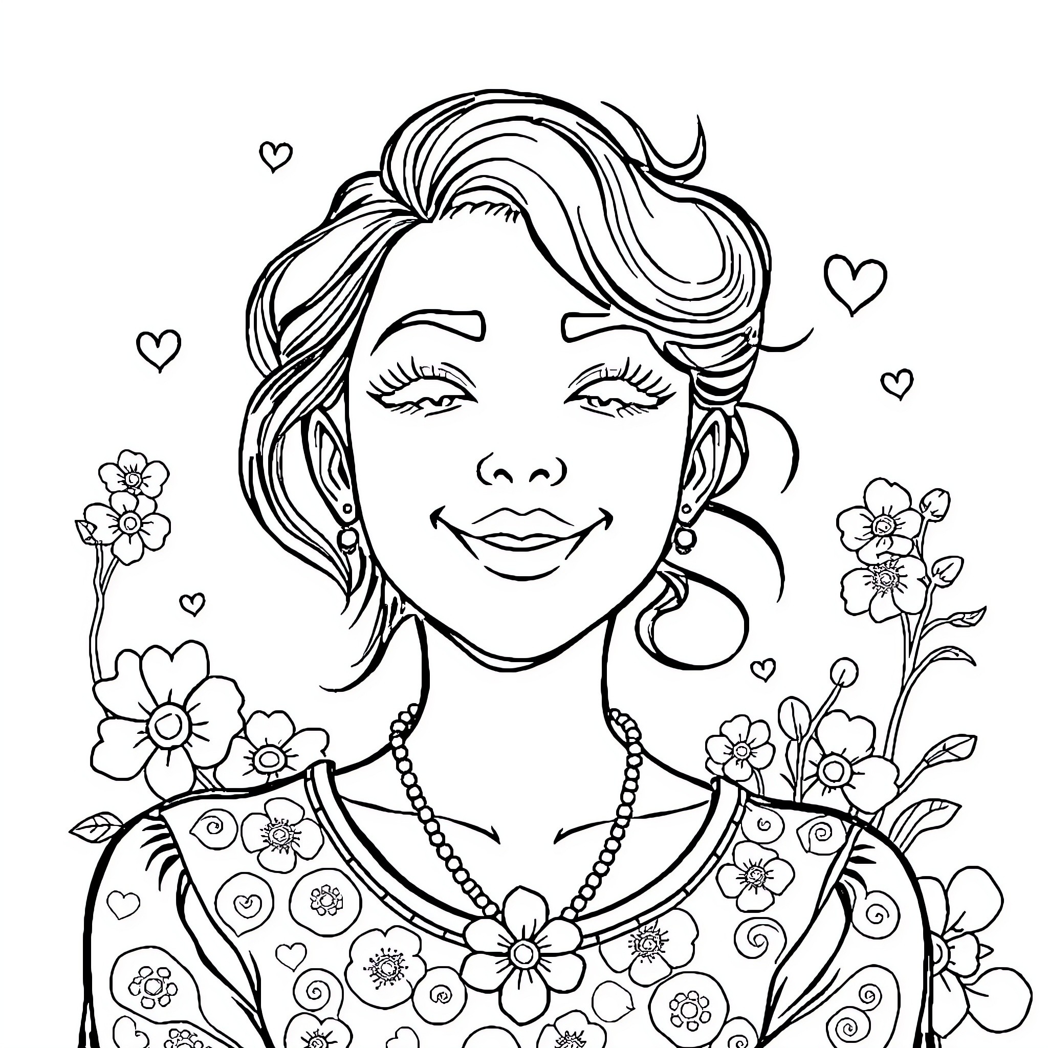 Sonrisa of Floral Elegance Coloring Page (free black-and-white line drawing printable PDF for all, from beginners to advanced learners, including children, teens, adults, and seniors)