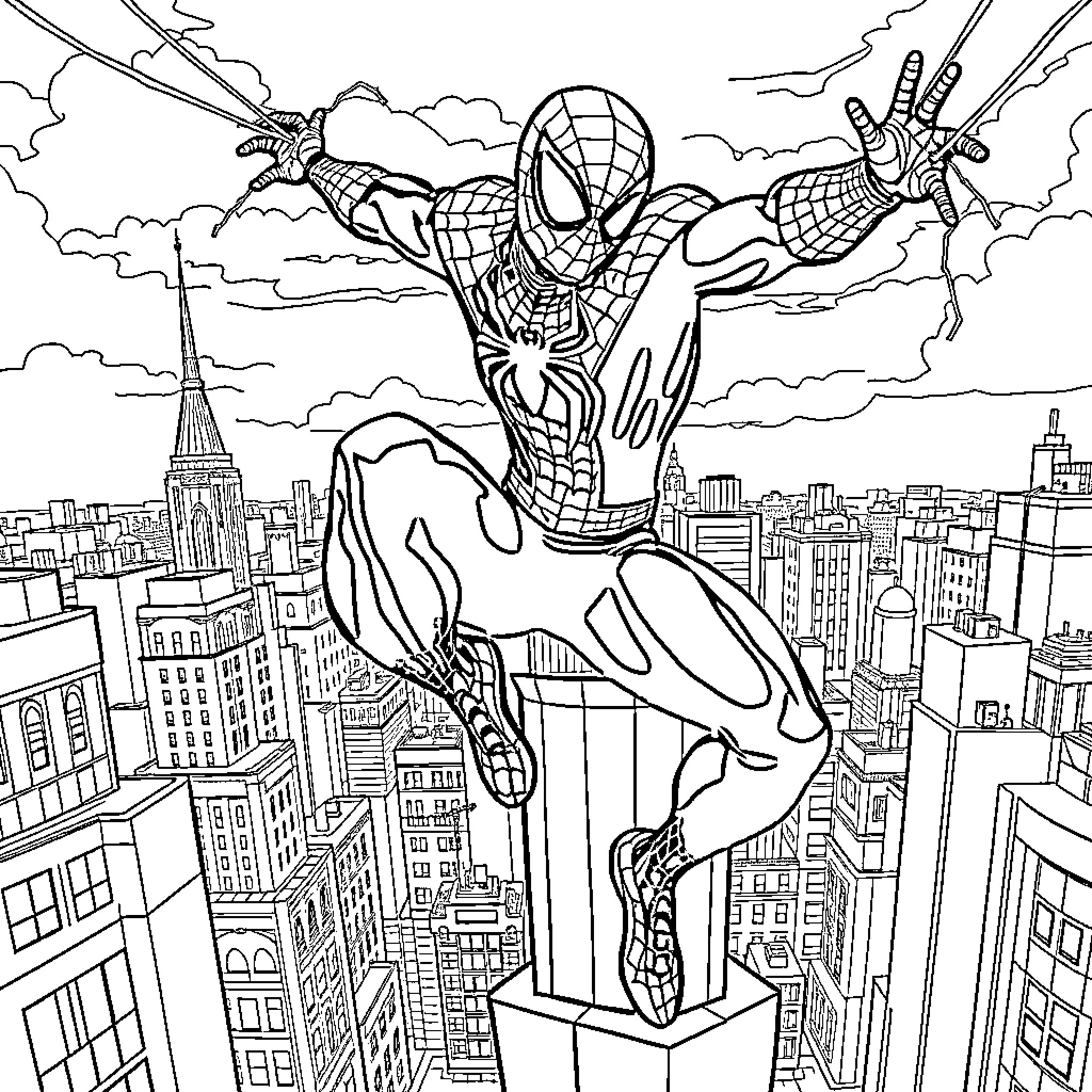 Spiderman swinging over the city skyline Coloring Page (free black-and-white line drawing printable PDF for all, from beginners to advanced learners, including children, teens, adults, and seniors)