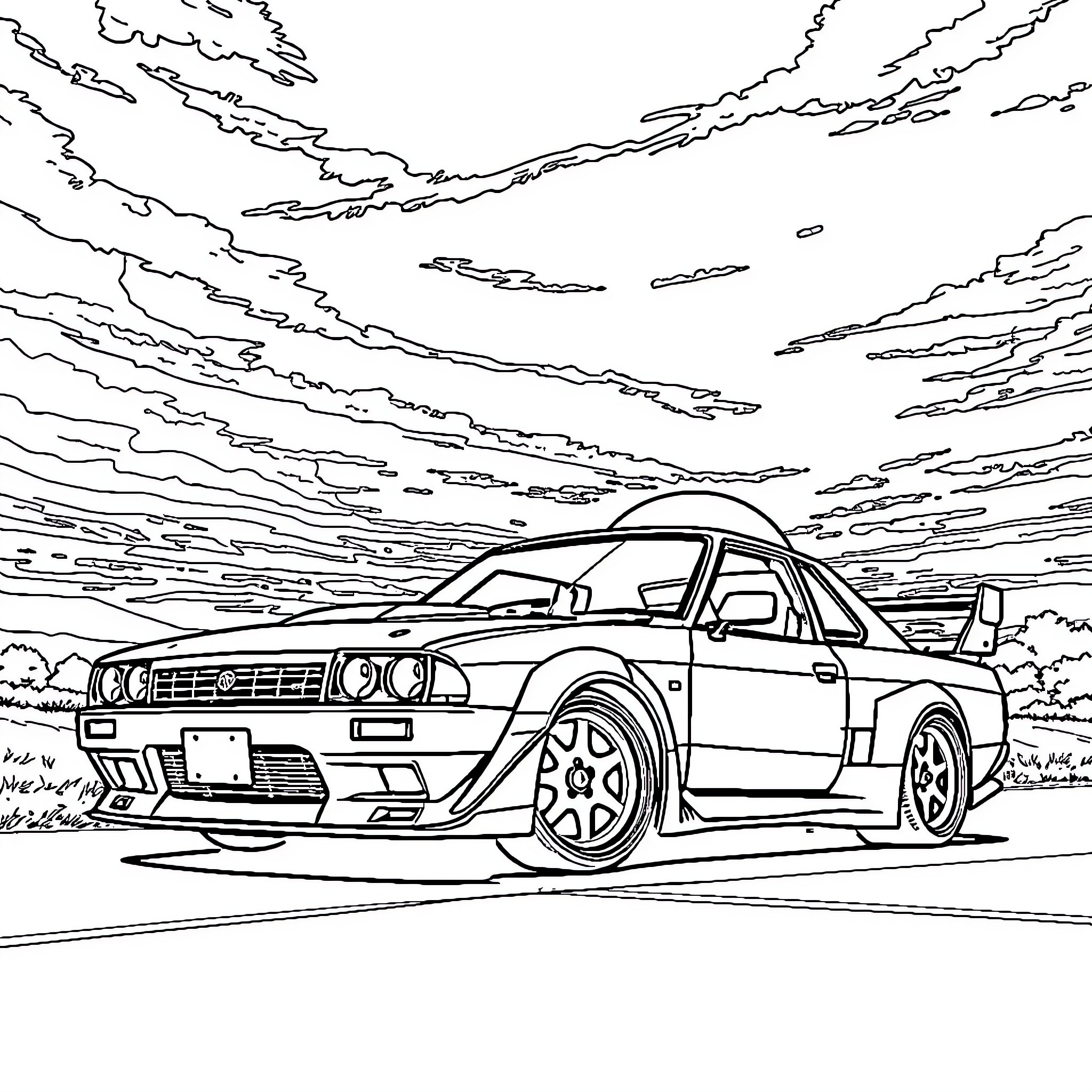 Skyline of sports car on winding road Coloring Page (free black-and-white line drawing printable PDF for all, from beginners to advanced learners, including children, teens, adults, and seniors)