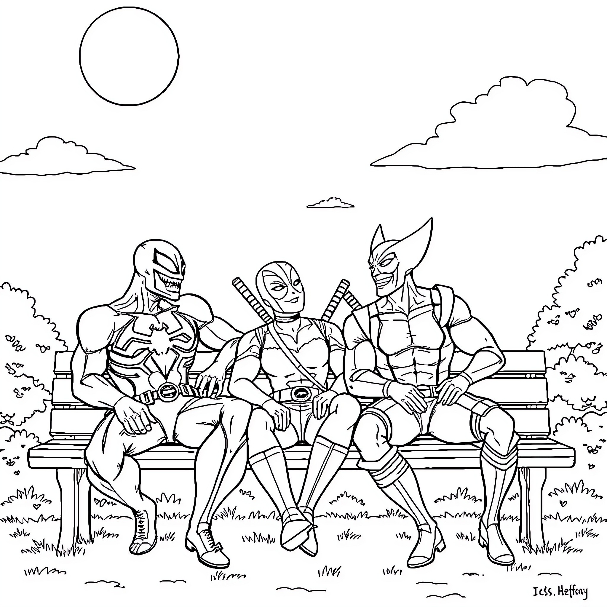 Deadpool and Superhero Friends Relaxing Outdoors Coloring Page (free black-and-white line drawing printable PDF for all, from beginners to advanced learners, including children, teens, adults, and seniors)