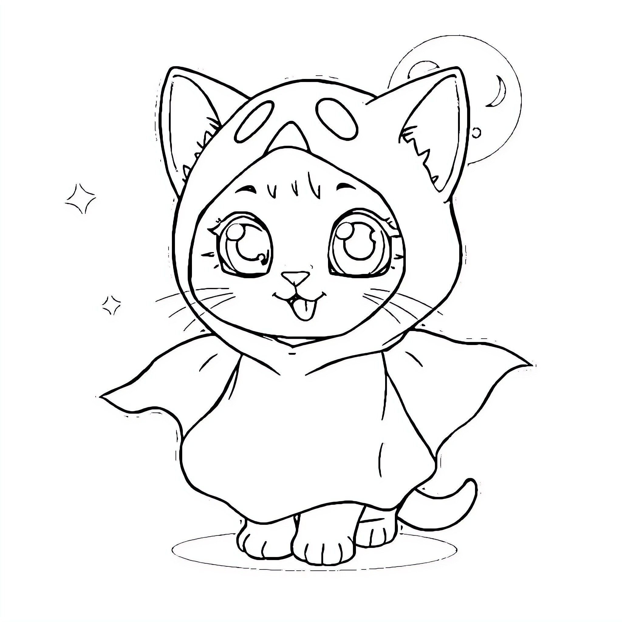 Kitten dressed in bat costume Coloring Page (free black-and-white line drawing printable PDF for all, from beginners to advanced learners, including children, teens, adults, and seniors)